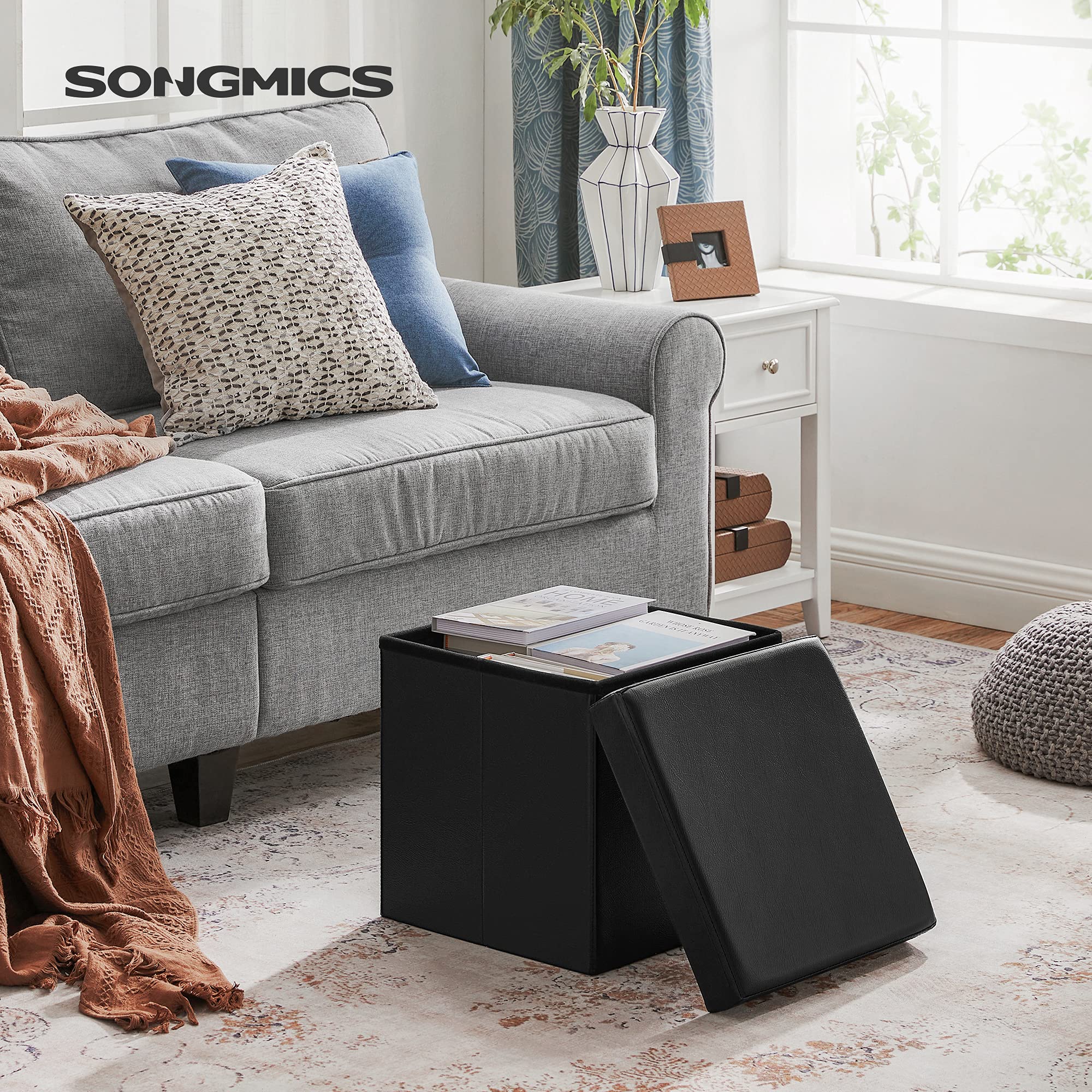 SONGMICS Baúl Puff - Taburete para almacenaje, Plegable Carga máxima de 300 kg, Negro, 110 x 38 x 38 cm + 38 x 38 x 38 cm Baúl Puff Taburete para almacenaje Plegable