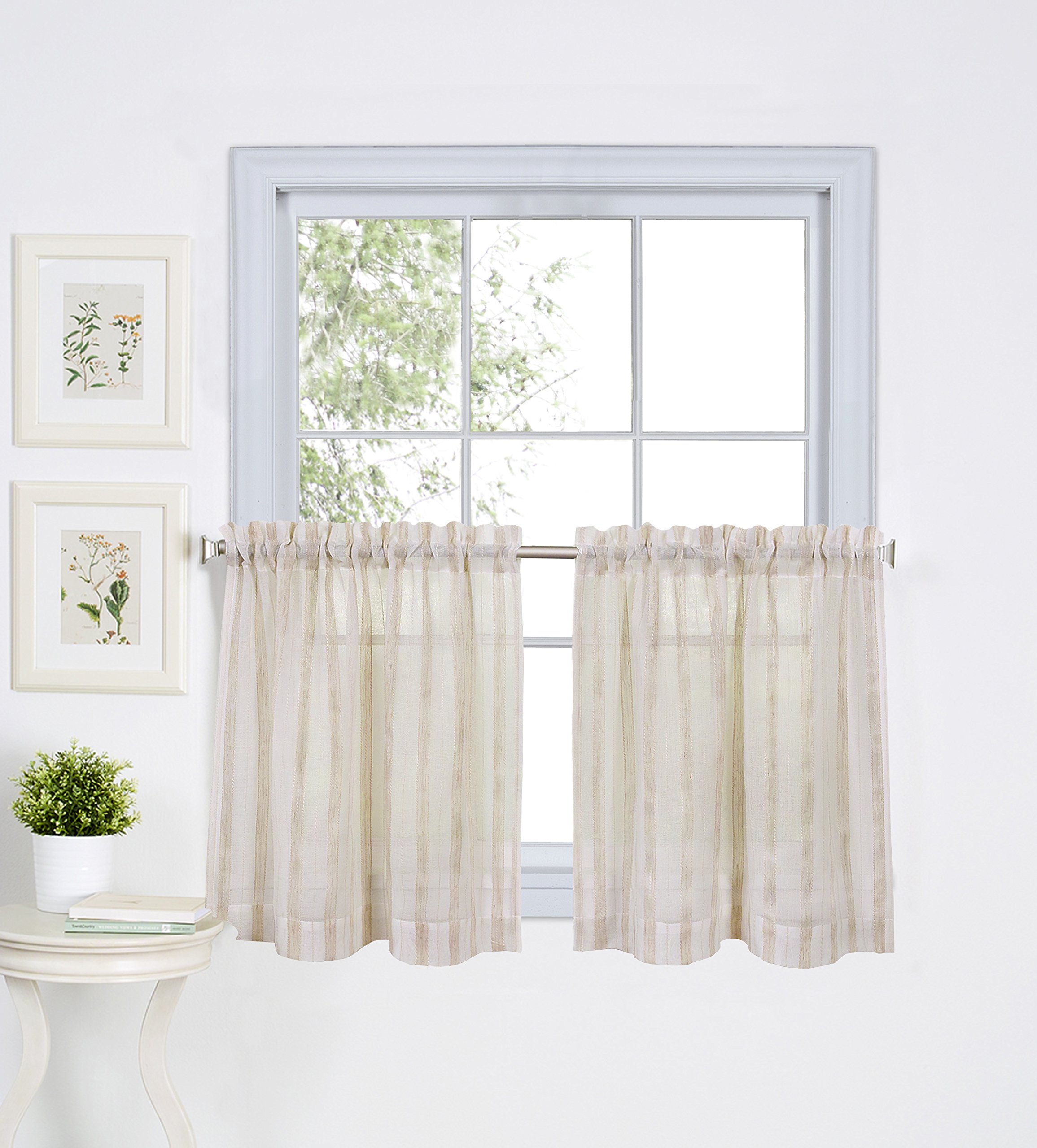 Elrene Home Fashions Linen Stripe Rod Pocket Cafe/Kitchen Tier Window Curtain, Set of 2, 30" x 24", Linen