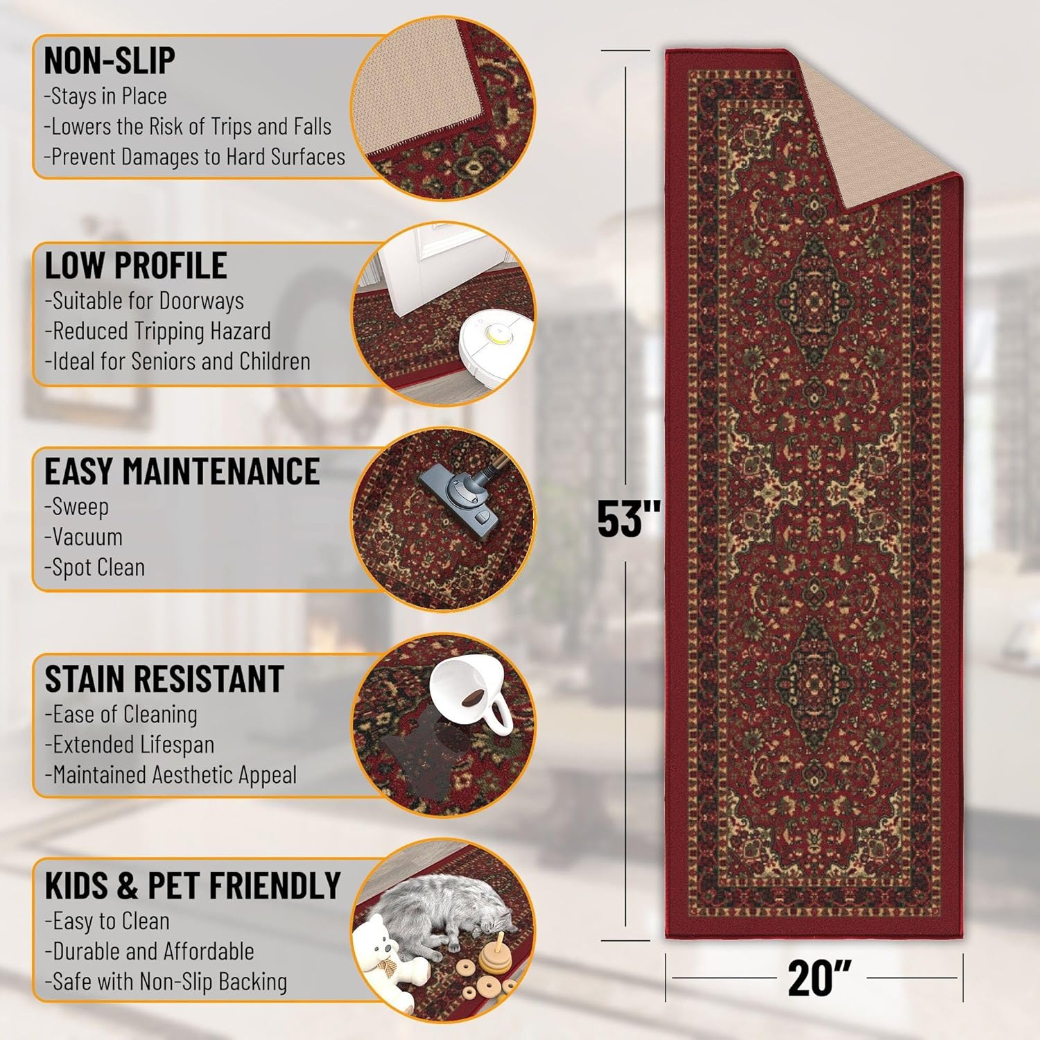 Ottomanson Hallway Runner Rug 20" x 53" Non Slip Oriental Area Rugs Easy to Clean Laundry Rug Runner Durable & Pet Friendly Floor Carpet Runners for Hallways Entryway Living Room Kitchen, Red