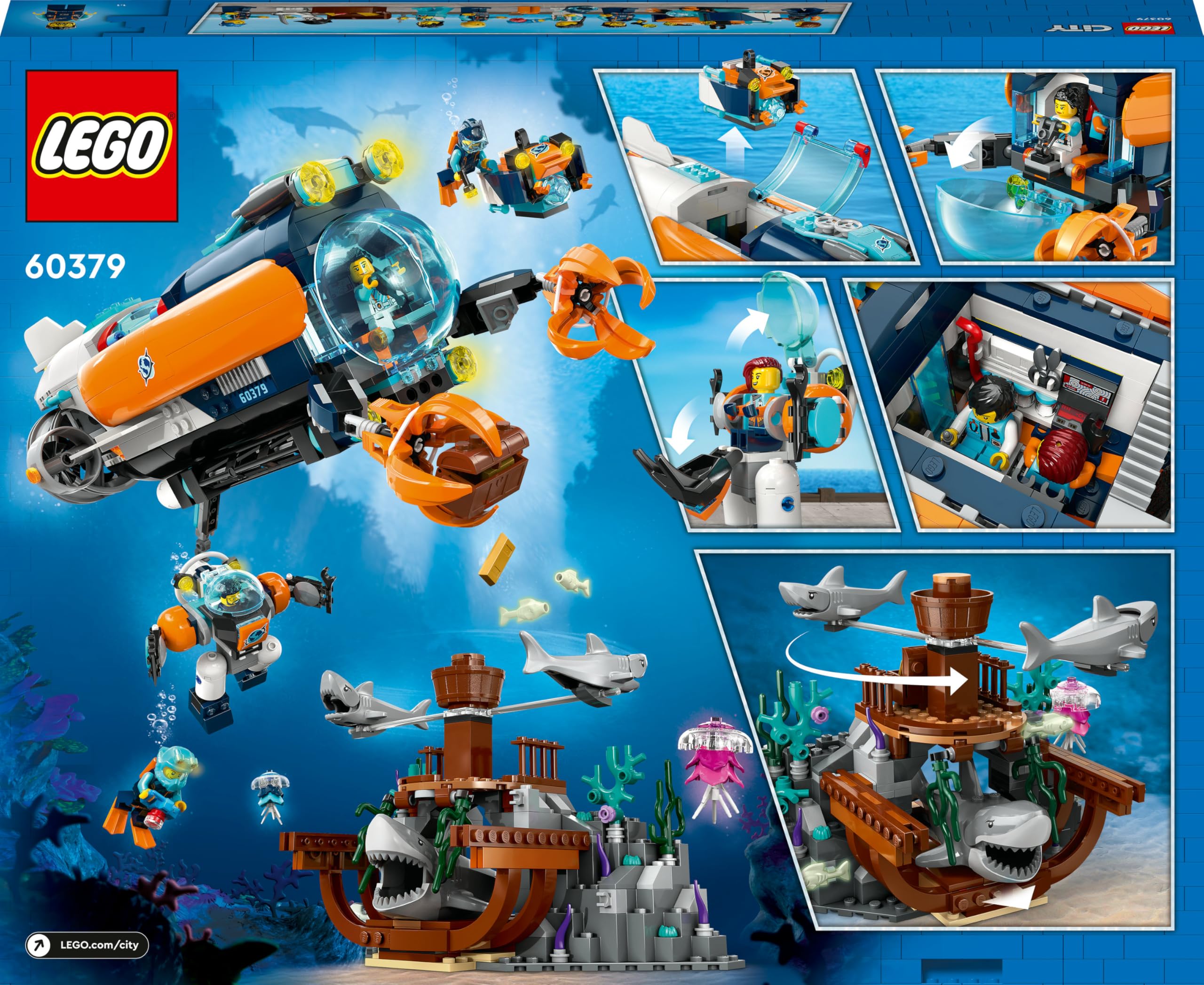 LEGO 60379 City Łódź podwodna badacza dna morskiego, Zabawka Podwodna dla Dzieci z Dronem i Figurkami Rekinów, Wrak Statku i Minifigurki, Pomysł na Prezent dla 7-latka, Dziewczynki i Chłopca