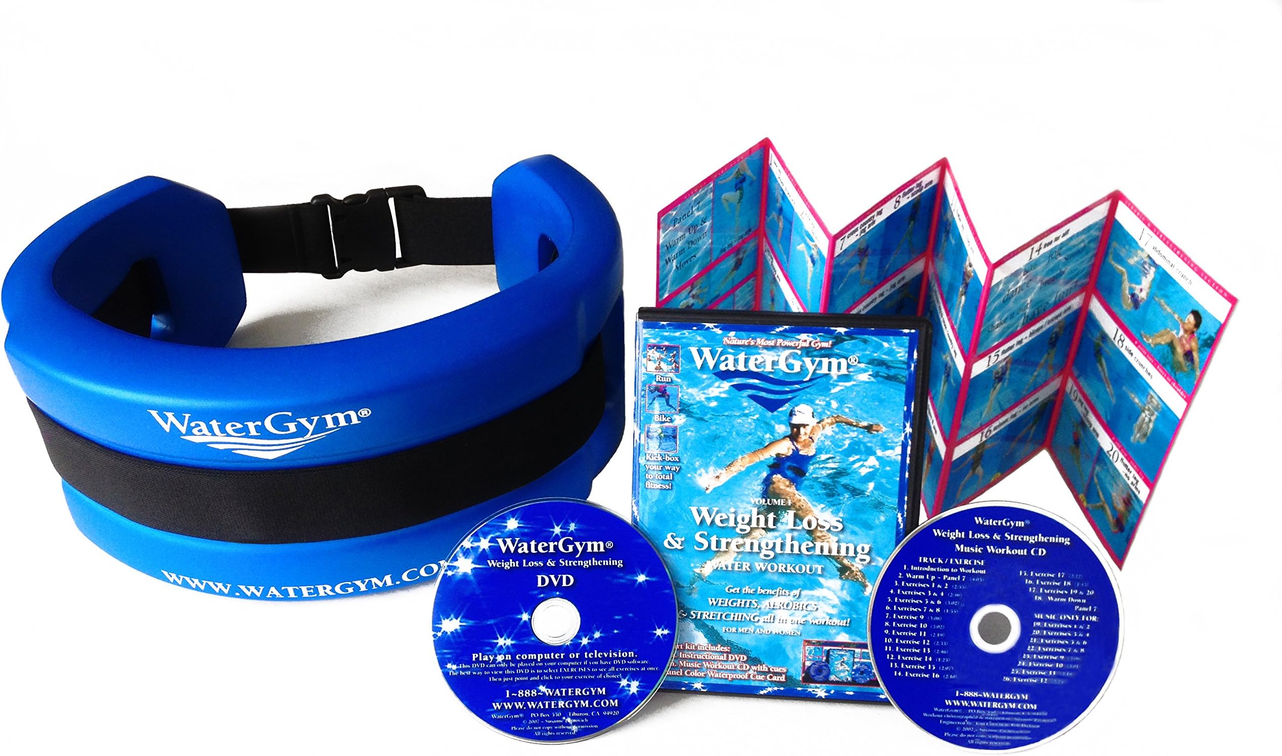 WaterGym Water Aerobics Float Belt for Aqua Jogging and Deep Water Exercise & Weight Loss DVD/Music CD/Cue Card- Size MED/Large-Blue