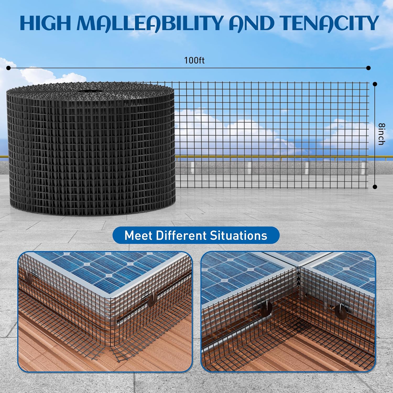 8inch x 100ft Solar Panel Bird Guard, Critter Guard for Solar Panels with 100 Pcs Stainless Steel Fasteners, Removable PVC Coated Pigeon Netting Wire for Squirrel, Bird, Critters Proofing