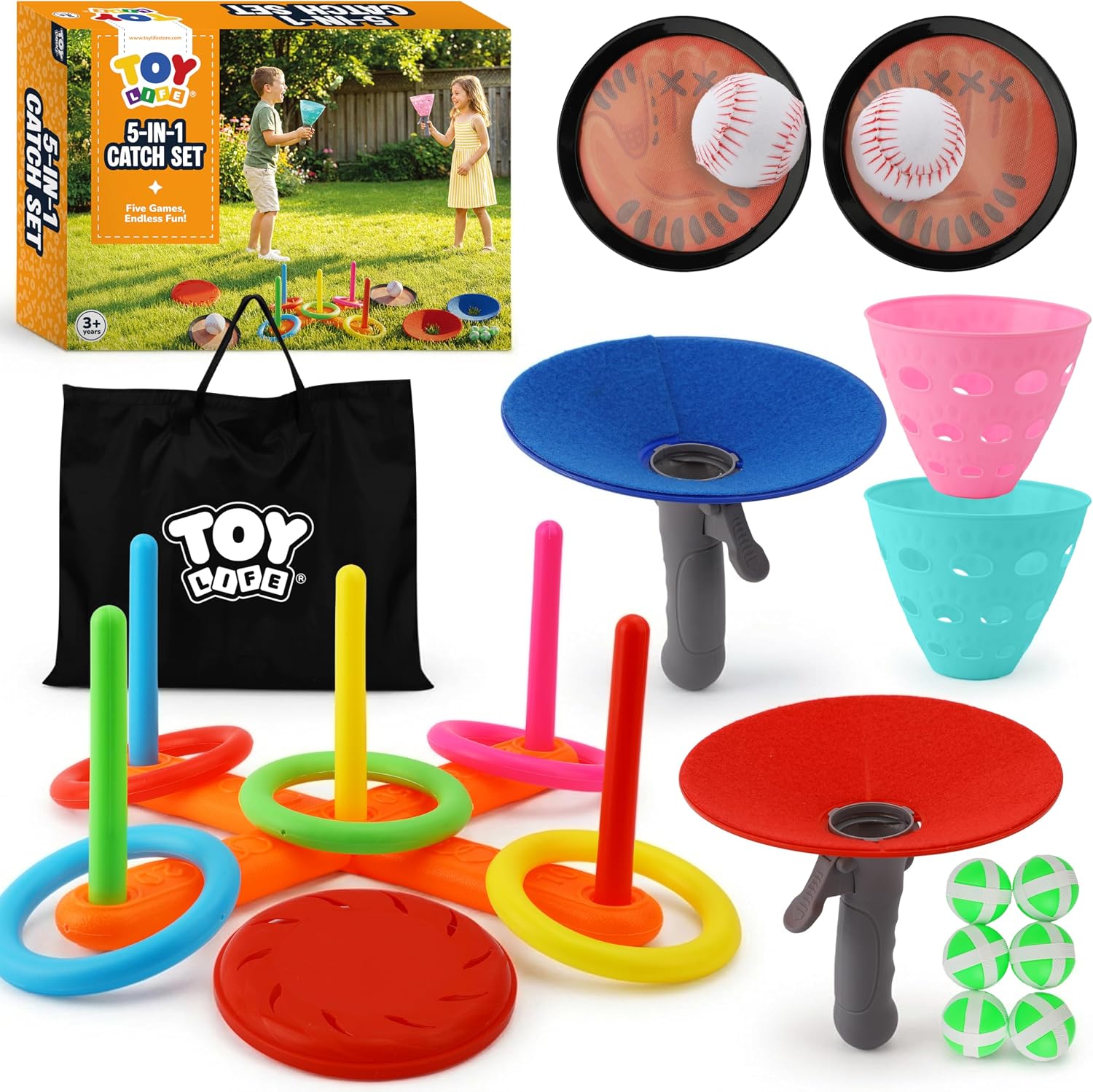 TOY Life Toss and Catch Ball Game 5-in-1 Set for Kids, Sticky Ball Catch Set with Mitts and Balls, Ring Toss, Outdoor&Yard Games, Beach Games for Toddlers Ages 2-4 3-6, Throwing Toys