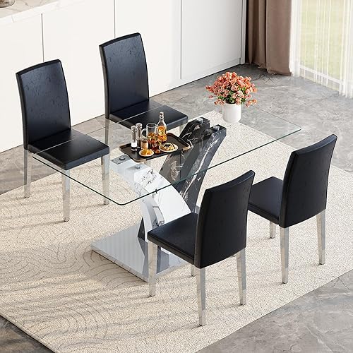Miniatura 14 de AZmac Juego de mesa de comedor de cristal para 4, juego de mesa de comedor de 63 pulgadas para 4, mesa de cocina moderna y 4 sillas de comedor de