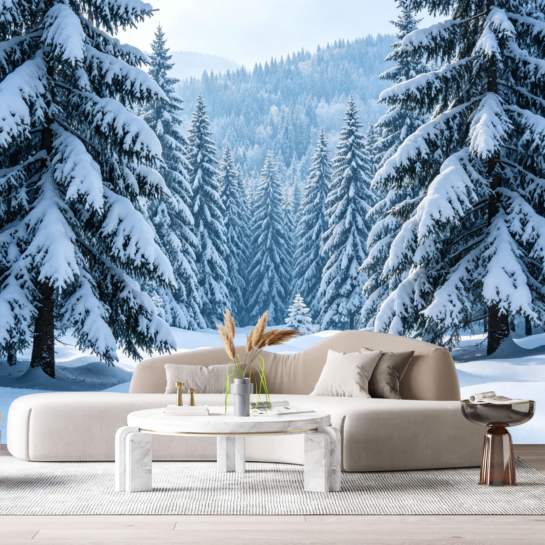 Custom Size Wall Murals Winter Forest Landscape Snowy Pine Trees Mountain View SelfAdhesive Wall Fabric Removable Large Wallpaper for Photo Living Room