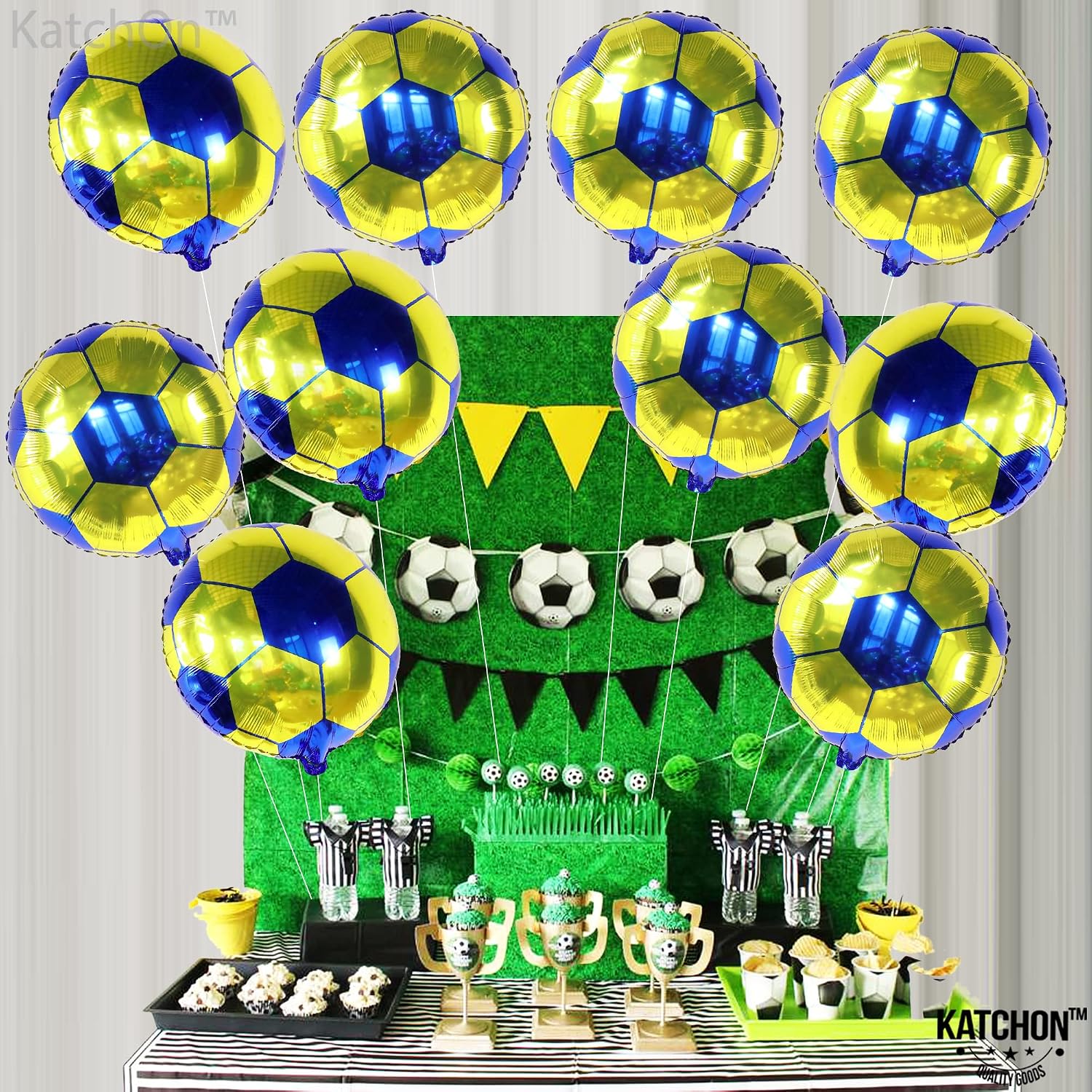 KatchOn, Yellow and Blue Soccer Balloons - 18 Inch, Pack of 10 | Soccer Birthday Party Decorations for Football Party Decoration, Sports Themed Party Decorations | Blue and Yellow Balloons