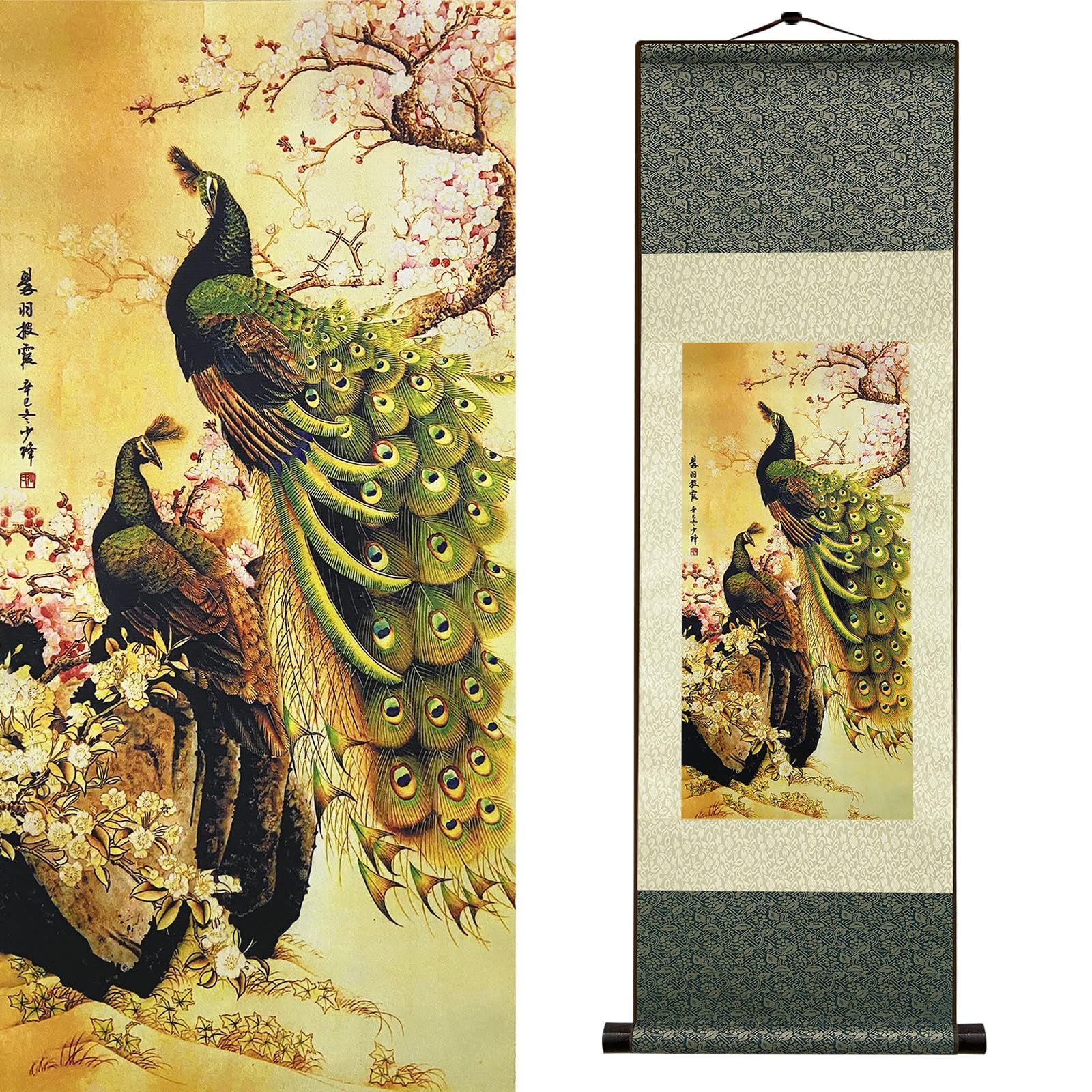 Newscz Bedroom Wall Art Silk Scroll Animal Wall Painting Peacock Bird Posters Wall Tapestry Asian Art House Decoration for Home Living Room Lounge Decor 36 by 12 in(HJ-K003)