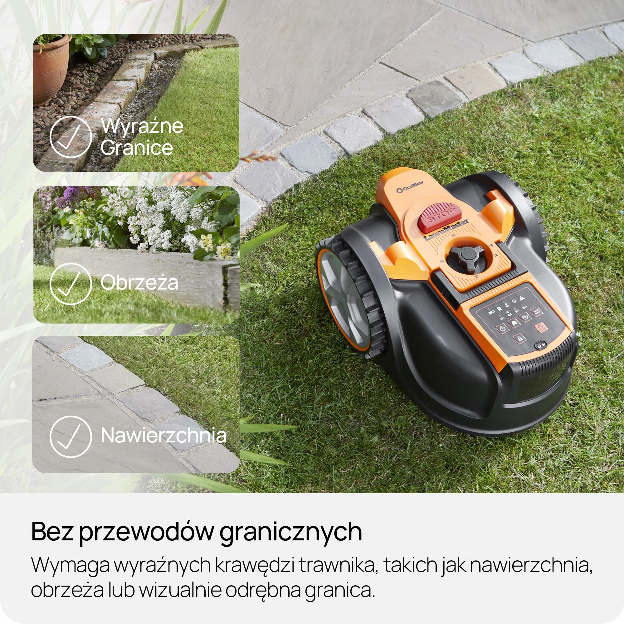 Lawnmaster OcuMow®16 kosiarka automatyczna, bez kabla ograniczającego, do 300 m², inteligentne unikanie przeszkód, inteligentne unikanie przeszkód, nawigacja optyczna, stacja ładująca samochodowa