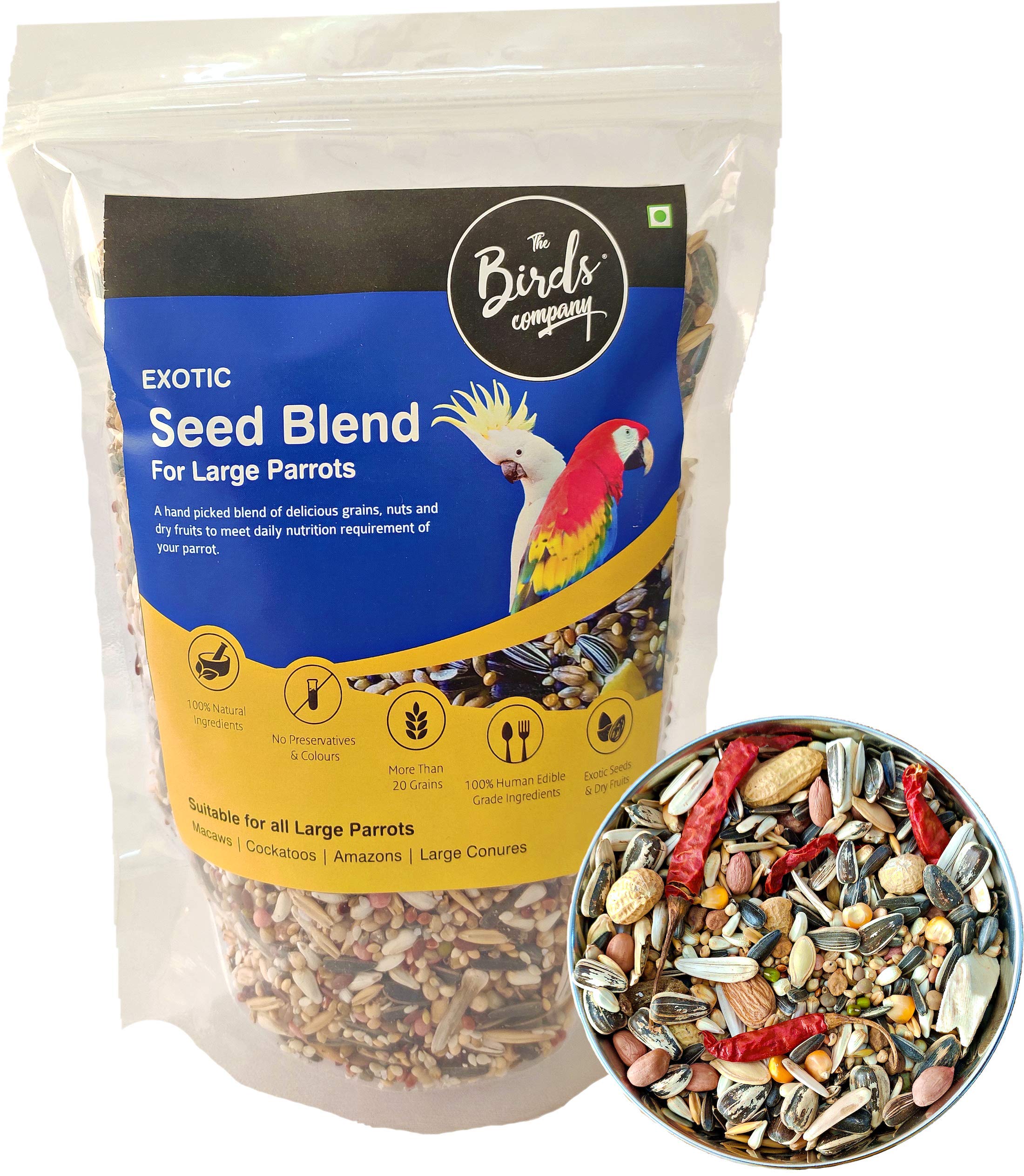 The Birds Company Exotic Seed Blend of 20 Grains & Exotic Nuts, Fortified with Spirulina, Bird Food for Large Parrots, Amazon, Macaw, Cockatoo, 450 g (B07MQT5SFC) Amazon Price History, Amazon Price Tracker
