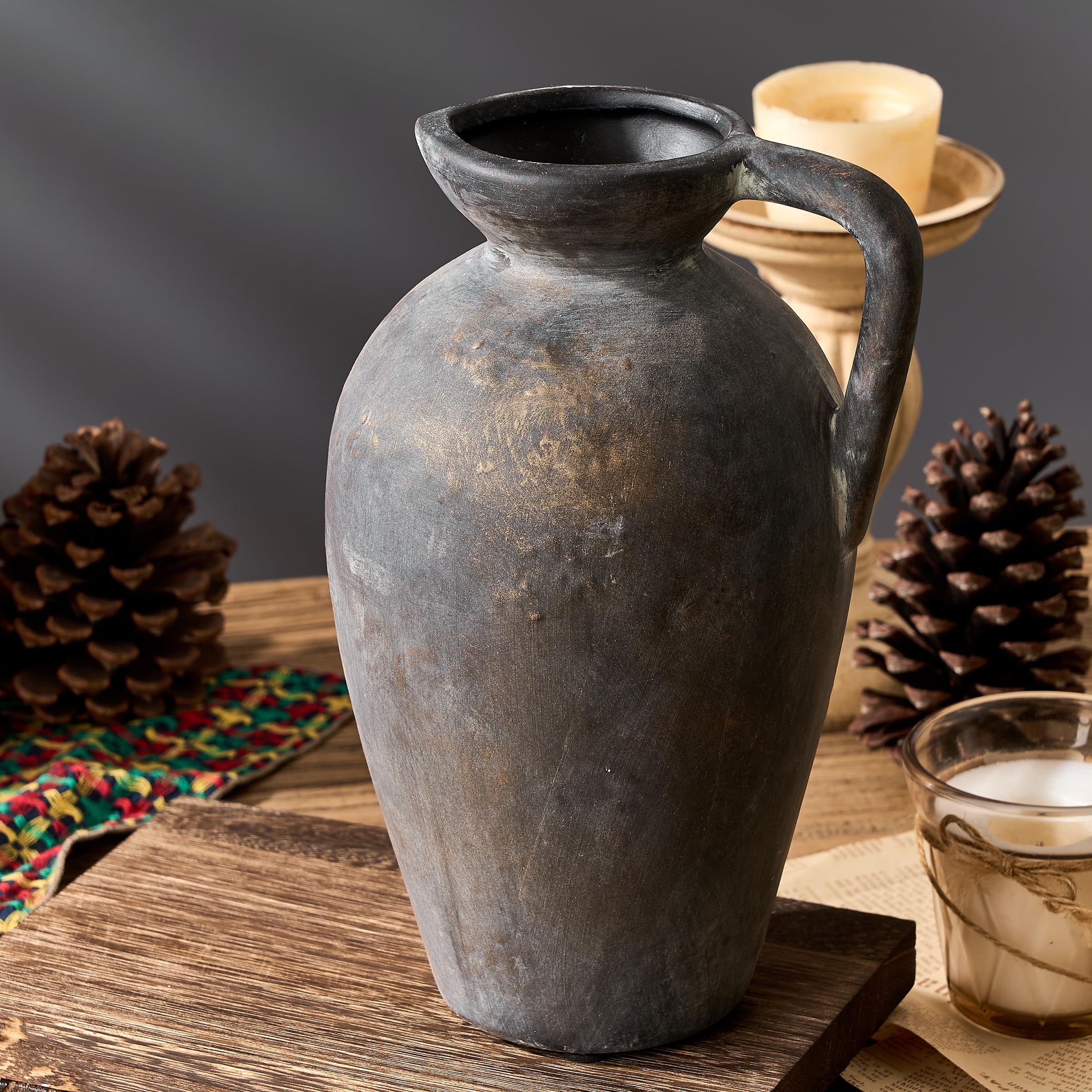 Antique Rustic Ceramic Vase, 9.3 Inch Tall Large Terracotta Vase with Handle, Vintage Farmhouse Pottery Vase for Home Decor, Living Room, Entryway, Wedding, Thanksgiving - Black Bronze