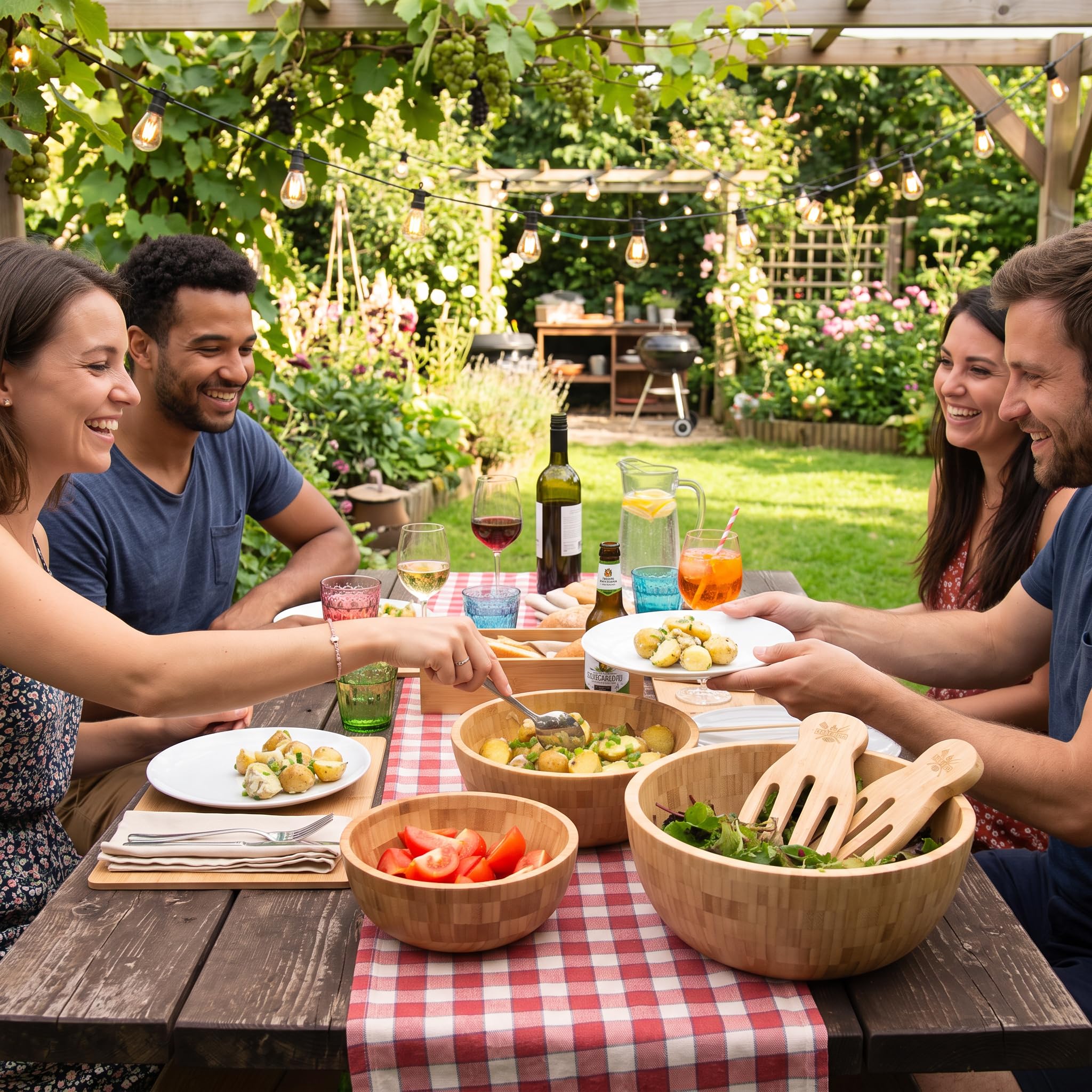 Dan&Co Ensemble Saladier Bois avec Grand Bols Bambou & Couverts à Salade | 3 bol en bois premium et 2 couverts à salade | Grands, moyens et petits bols pour servir des pâtes, des fruits et des snacks