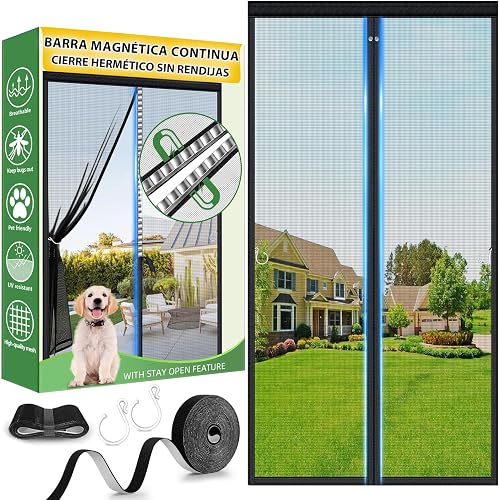HOFUDON Mosquitera Puerta Magnetica, 90x210cm Negro, Cierre Sin Espacios | Fibra de Vidrio, Tira magnética continua, Sin Necesidad de Taladrar, Resistente a la Rotura, Protección Contra Insectos
