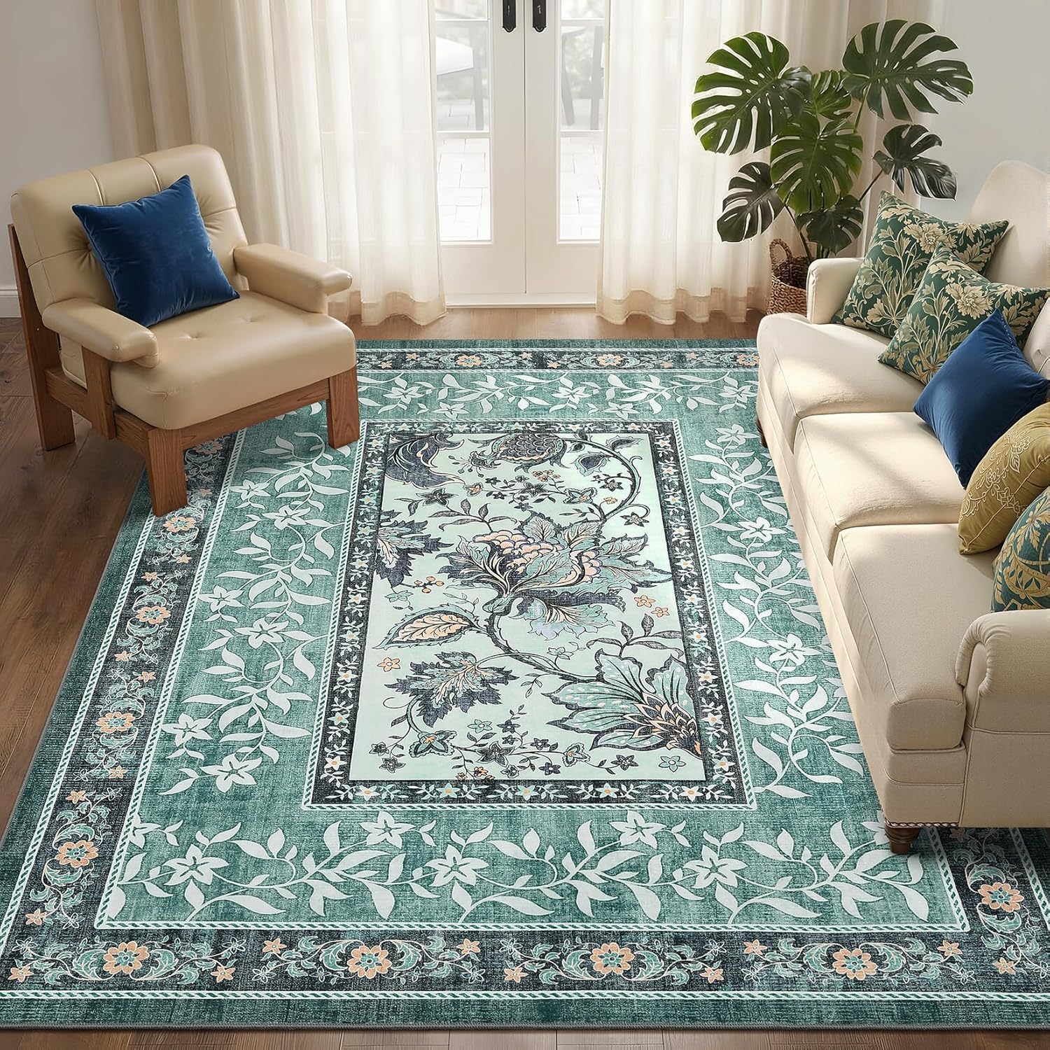Generisch Dywan do sypialni, wzór kwiatowy w stylu retro, zielony, biały, beżowy, 120 x 160 cm, nadaje się do prania w pralce, do wnętrz, kuchni, salonu, meble, akcesoria do mieszkania, dekoracja