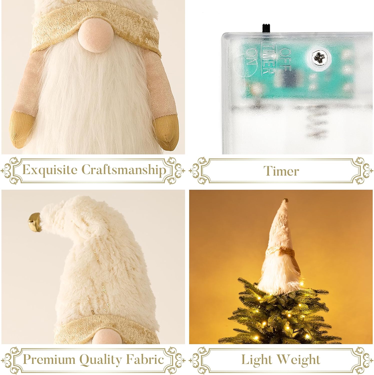 Valery Madelyn Christmas Gnome Tree Topper with Timer&White and Gold Shatterproof Christmas Tree Decorations(2 Items Buddle)