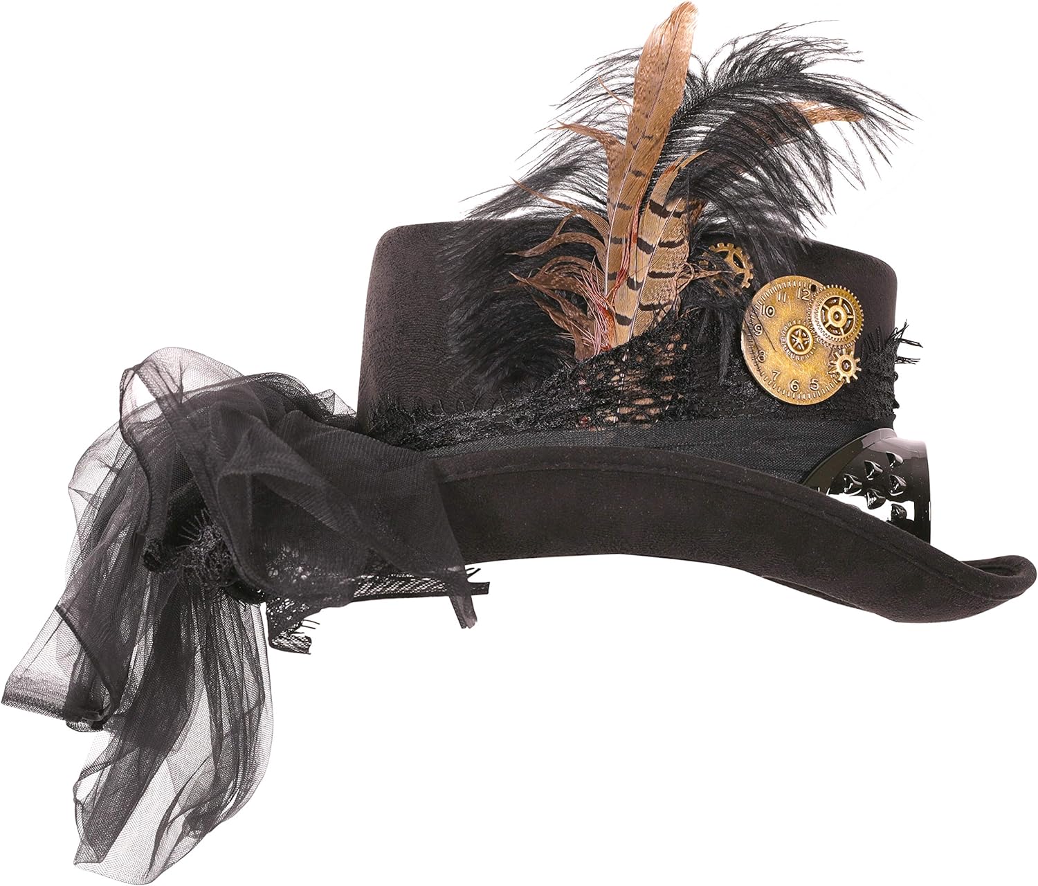 Narwhal Novelties Deluxe Halloween Costume Hat; Black, Velvet 4.5" Steampunk Hat with Removable Steampunk Goggles Attached Feather, Gears : Clothing, Shoes & Jewelry