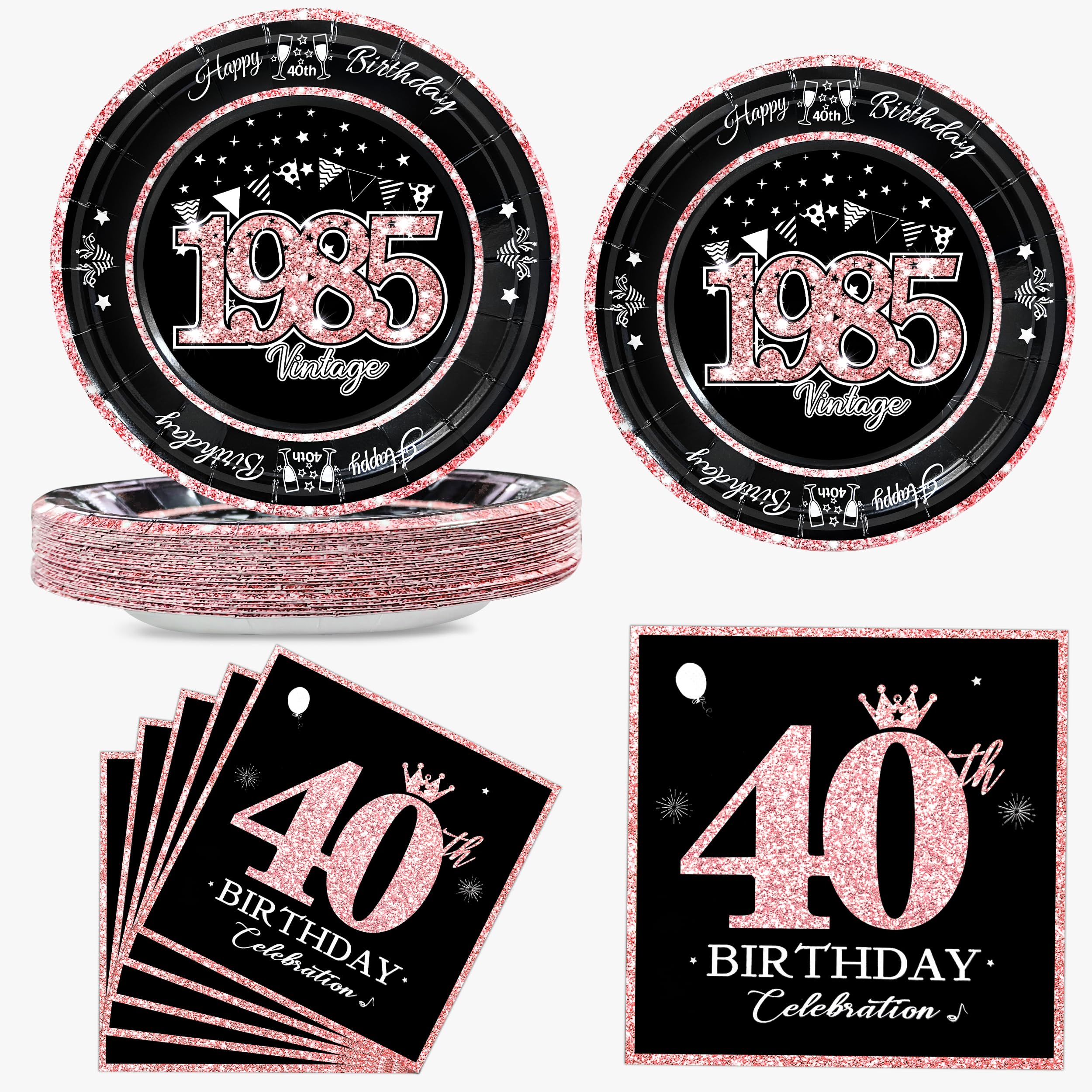 algpty 60 PCS Vintage 40th Birthday Plates and Napkins Set, 40th Birthday Decorations Rose Gold, Service for 30, 1985 Birthday Dessert Plates and Napkins Party Supplies for Women