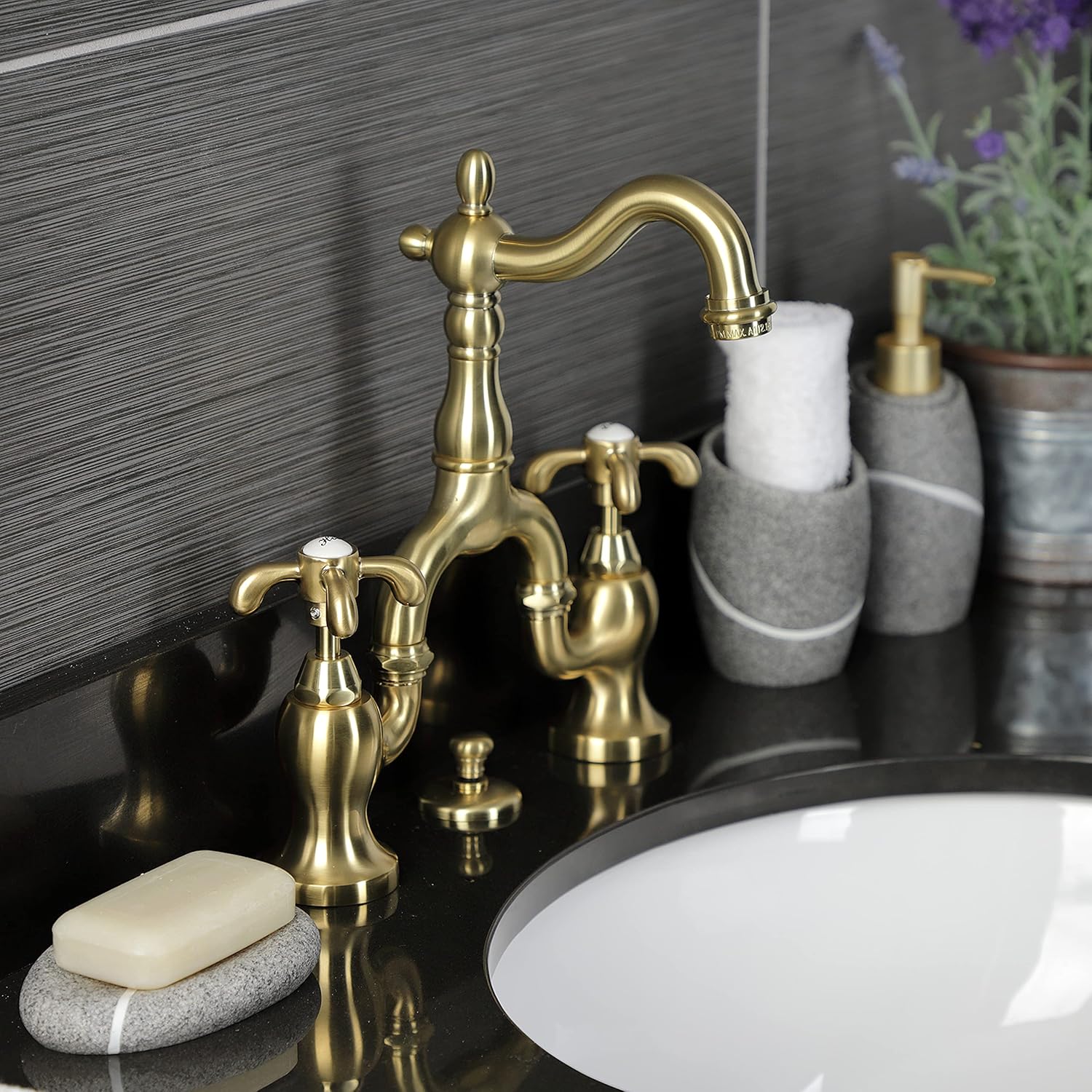 Kingston Brass KS7977TX French Country Bridge Bathroom Faucet with Brass Pop-Up, Brushed Brass