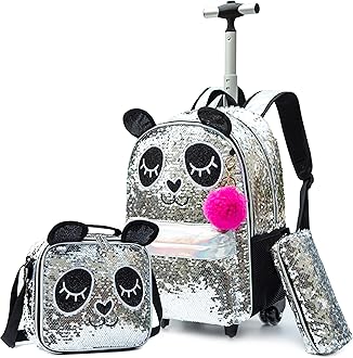 MeetbelifyCute Panda Girls Rolling Backpack Wheels Backpacks for Kids Luggage Wheeled Sequin Sparkly Trolley Trip Suitcase for Elementary Students Carry on Backpack with Lunch Box for Girls