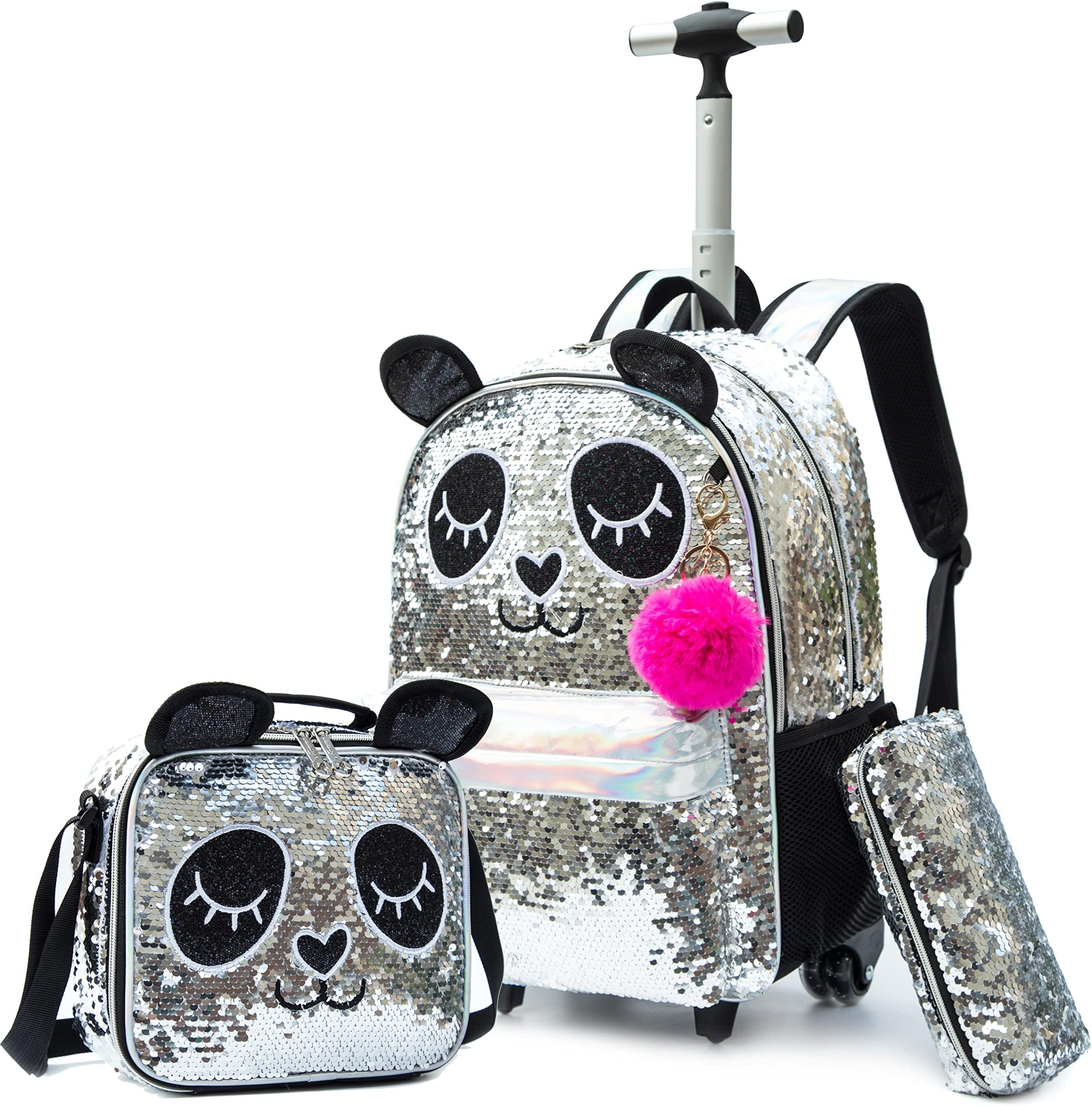 MeetbelifyCute Panda Girls Rolling Backpack Wheels Backpacks for Kids Luggage Wheeled Sequin Sparkly Trolley Trip Suitcase for Elementary Students Carry on Backpack with Lunch Box for Girls