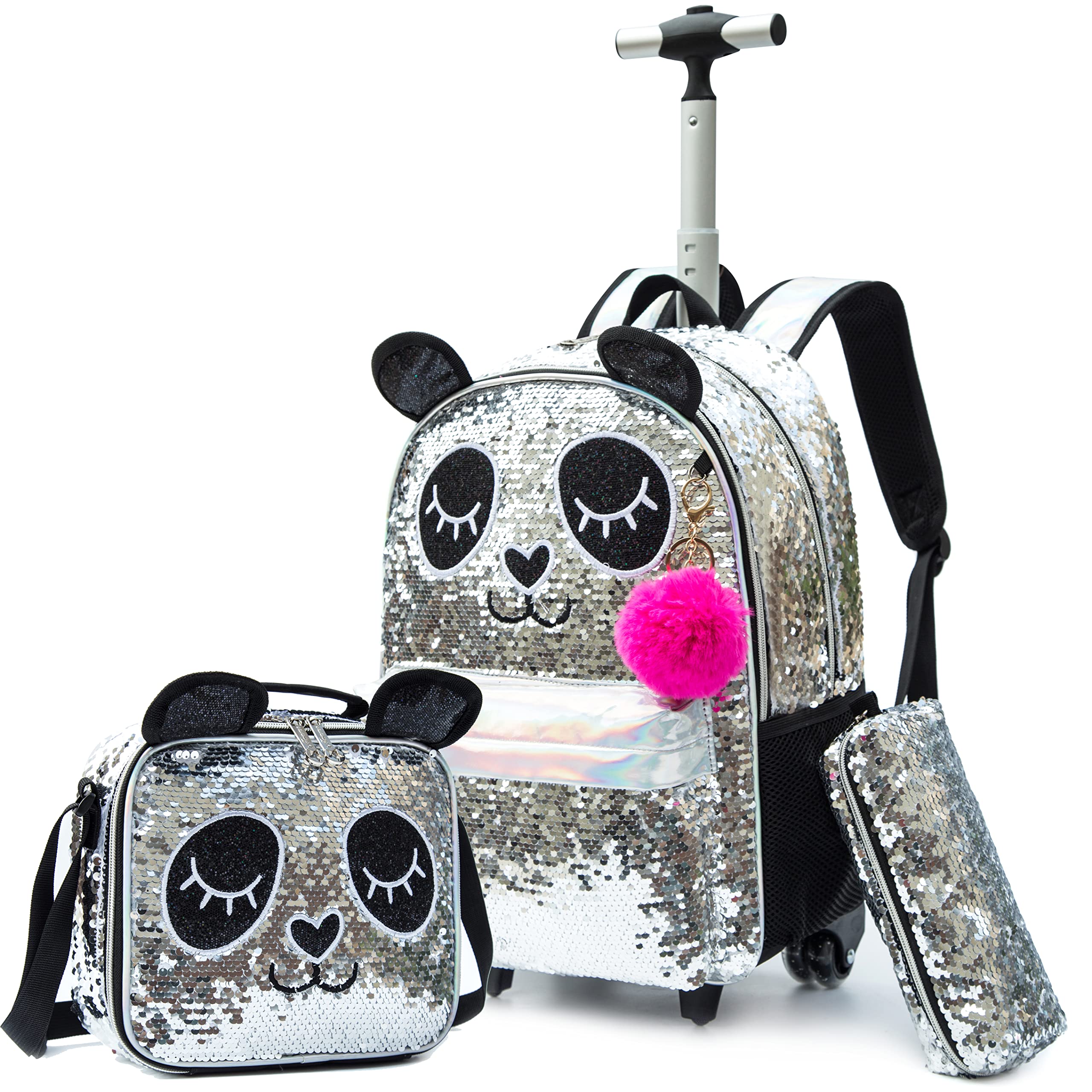 MeetbelifyCute Panda Girls Rolling Backpack Wheels Backpacks for Kids Luggage Wheeled Sequin Sparkly Trolley Trip Suitcase for Elementary Students Carry on Backpack with Lunch Box for Girls