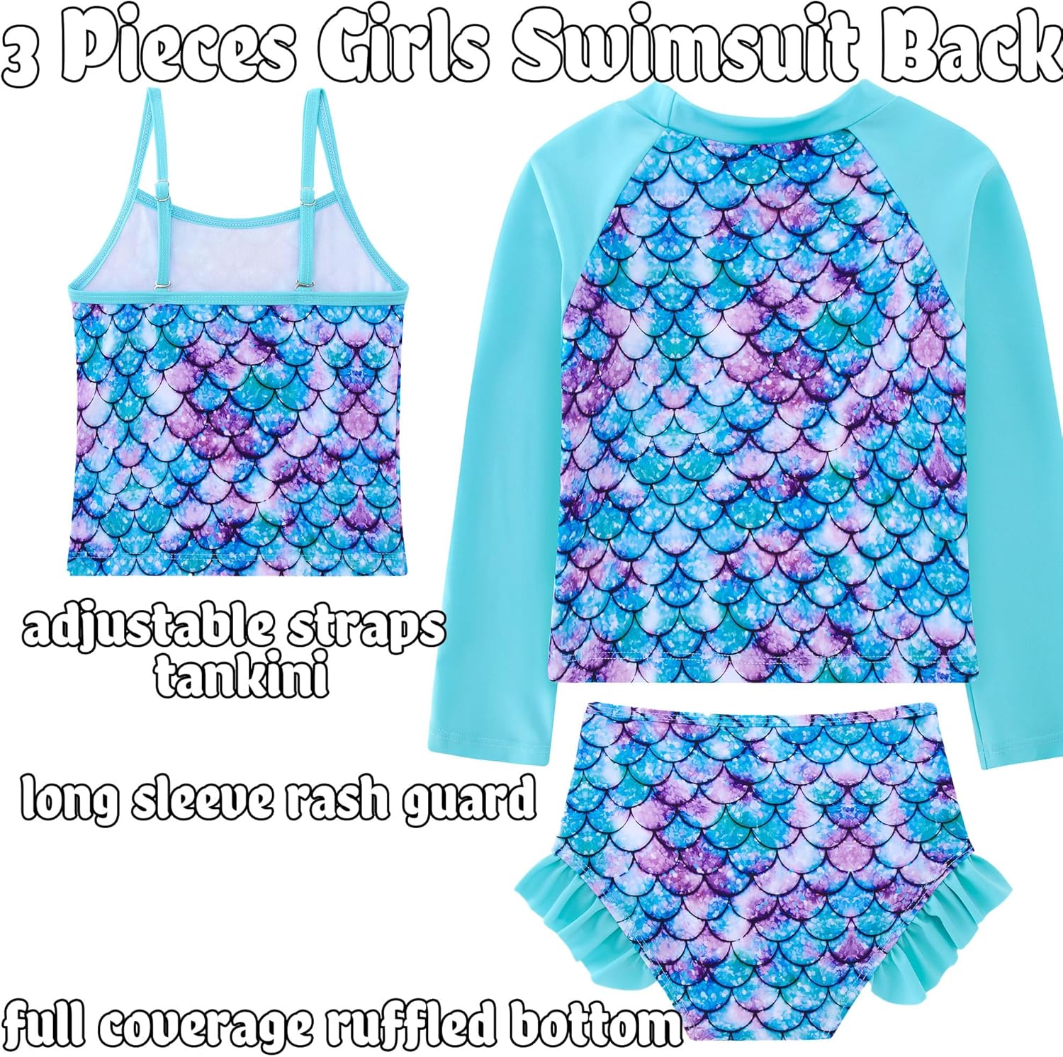 swimsobo Girls 3-Piece Swimsuit Size 3-10Y Bahting Suit Long Sleeve Rash Guard Tankini Sets UPF Sun Protection - Image 4