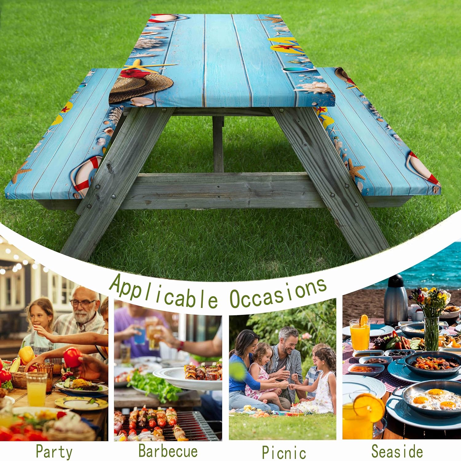 Summer Beach Picnic Table Cover with Bench Covers Blue Wooden Plank Fitted Rectangle Table Cover Outdoor Patio Camping Essentials 60 inch 3PCS Camping Fitted Tablecloth with Drawstring Bag