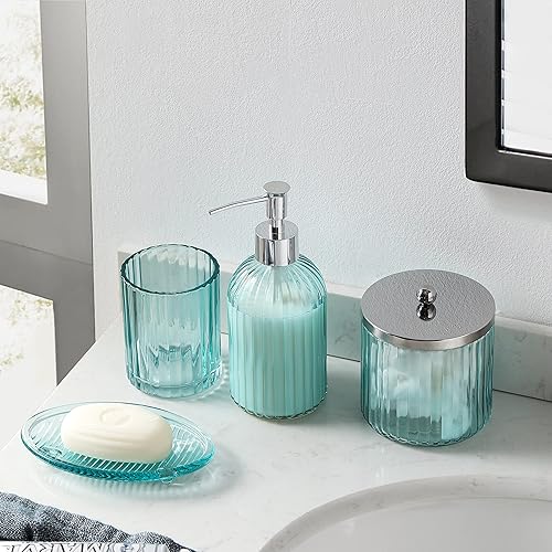 Miniatura 10 de Juego de 4 accesorios de baño de vidrio pesado con patrón decorativo prensado, incluye dispensador de jabón de mano, vaso, jabonera y soporte para