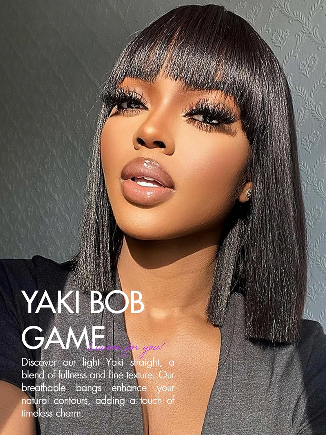 LUVME HAIR 12 Inch Light Yaki Straight Bob Wig with Bangs Human Hair Realistic HD Lace Short Black Bob Wigs, Ready to Go Blunt Cut Bob Wig Glueless 180 Density