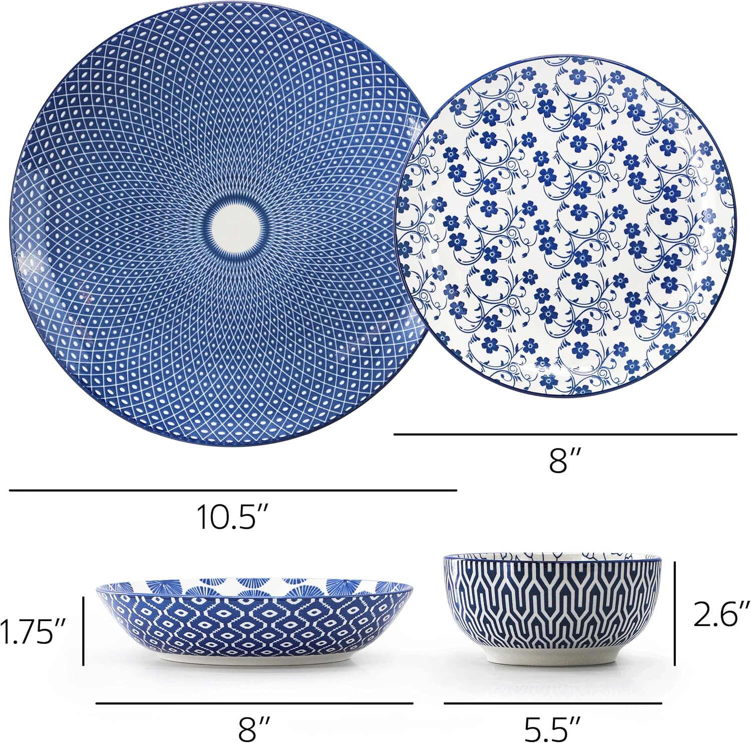 Elama Aurora 16 Piece Assorted Design Double Bowl Porcelain Blue Graphic Dinnerware Set, Tableware, Serveware, Dinnerware Set, Bowl Set (16 Piece)