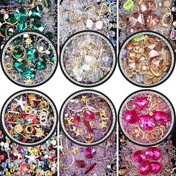6 Wheels Mixed Sparkle Nail Art Rhinestones Diamonds Crystals Butterfly Beads Artificial Pearls Gold Silver Nail Studs Gems Metal Hollow Rivets Charms Micro Caviar Beads kit