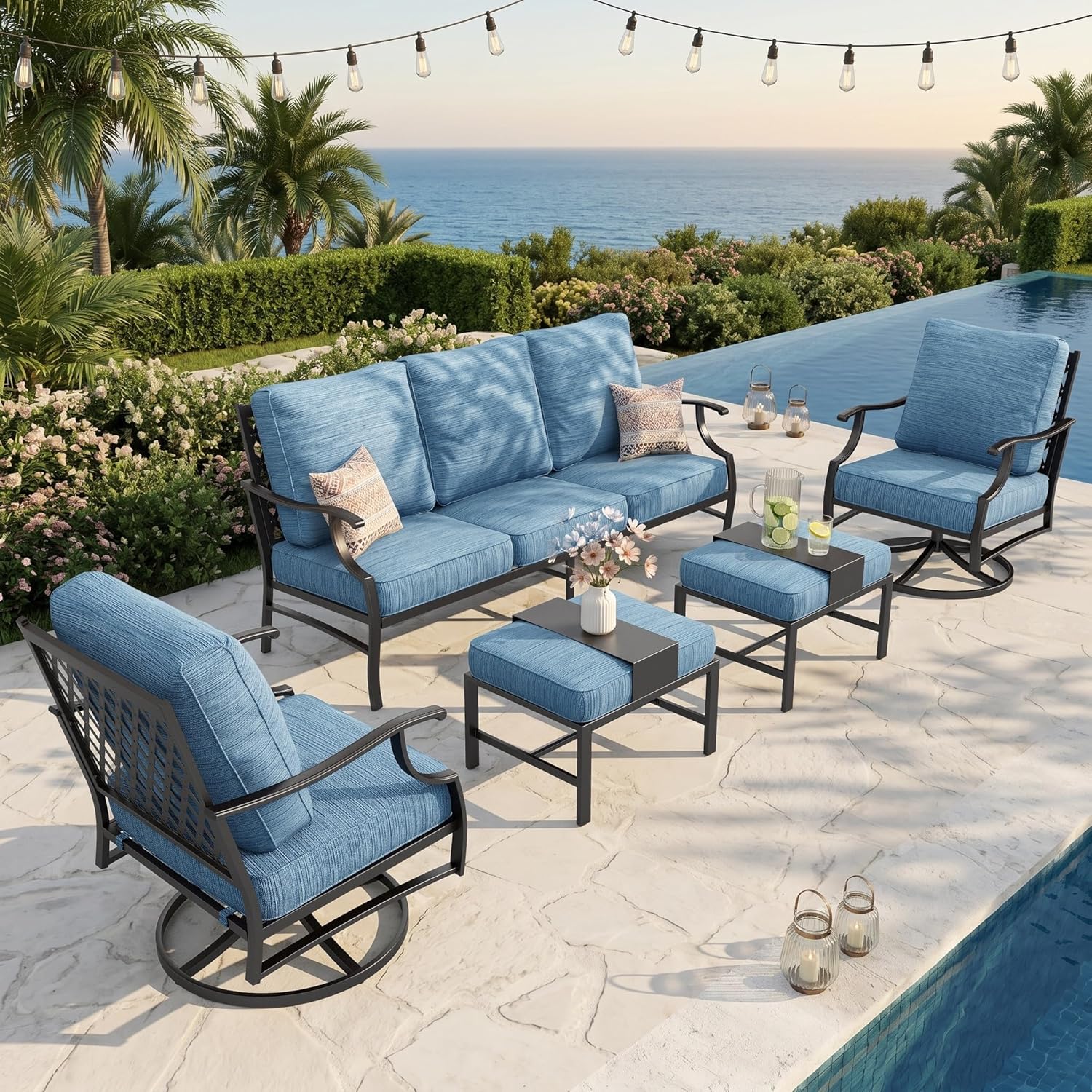 SUNSHINE VALLEY 5 Piece Metal Outdoor Patio Furniture Set, Patio Conversation Sets 3-seater Sofa, 2 Swivel Chairs, 2 Ottomans with 5.75" Thick Cushion, Black All-weather Backyard Furniture Set, Blue-2