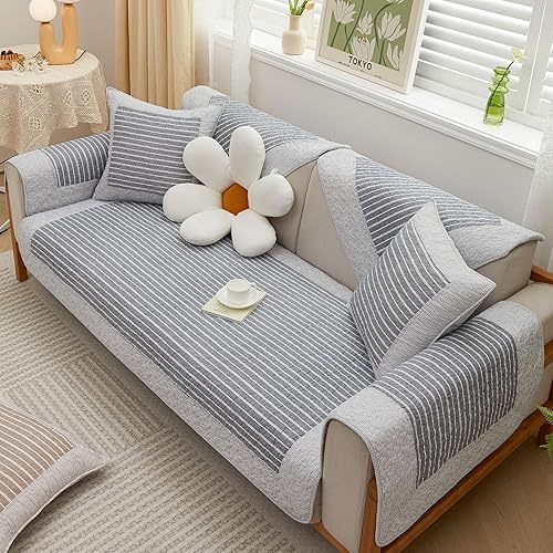 Miniatura 5 de Funda de sofá rústica con rayas grises y acolchada, de algodón, suave, antideslizante, lavable, protector de muebles para sala de estar (gris, 28 x