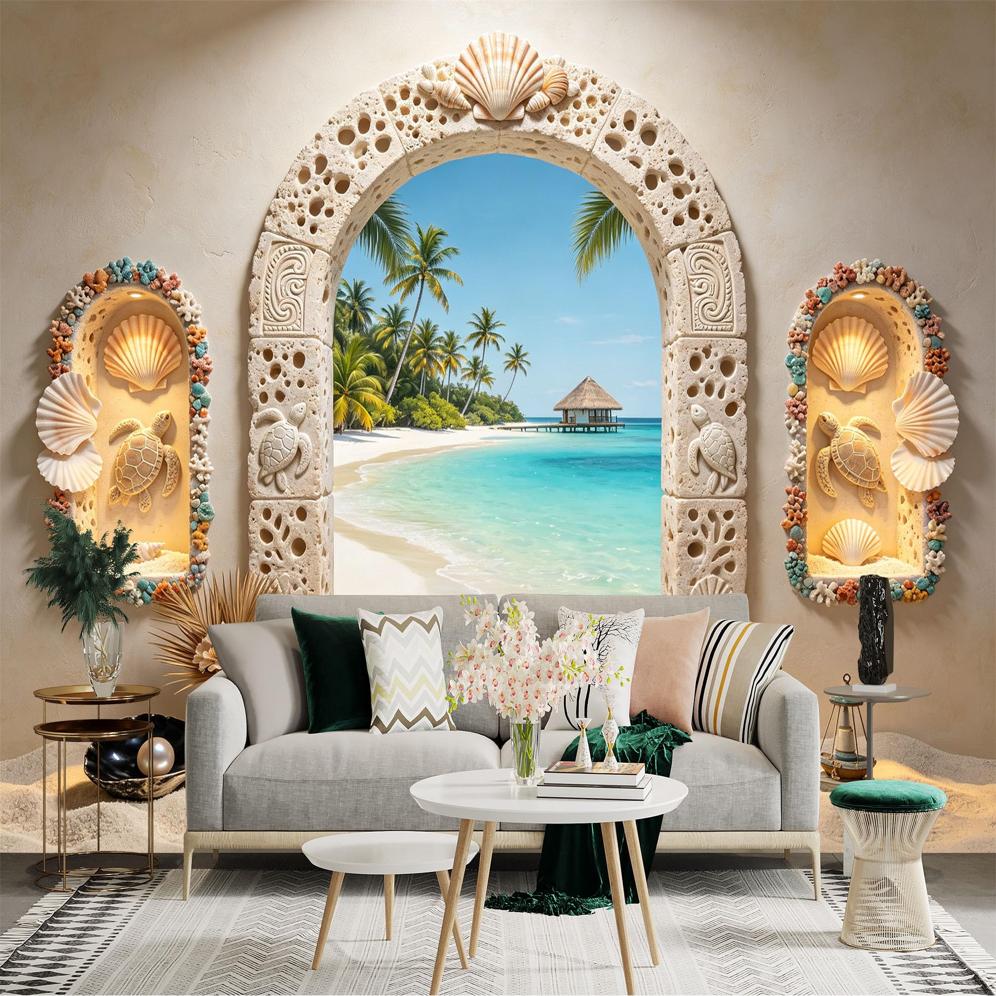 Custom Size Wall Sticker Mural， Tropical Beach Ocean View with Palm Trees and Coastal Archway， for wall Decoration， peelandstick wall Decals.