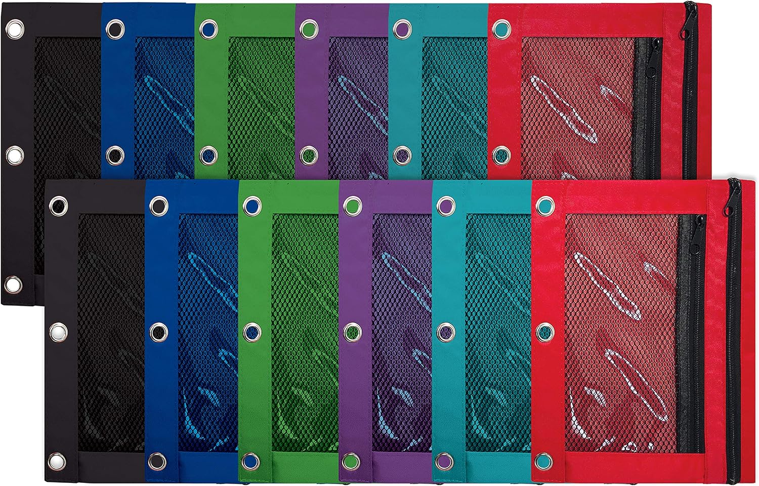 Better Office Products 3 Ring Pencil Pouch, 12 Pack, with Mesh Window, 2 Compartments, Assorted Colors