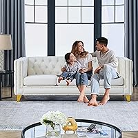 Vista 14 de Juego de 2 sofás de terciopelo gris de 81 pulgadas de 3 plazas, botones copetudos y brazo cuadrado, cabezas de uñas doradas con incrustaciones y 4