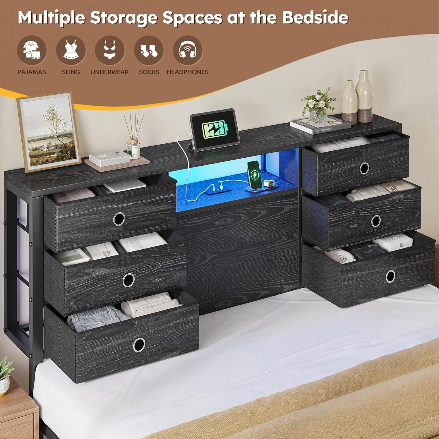 Queen Size Bed Frame with 6 Headboard Drawers and 2 Footboard Cloth Drawers, LED Lights & Charging Station, Metal Platform Bed Frame with Headboard Storage,No-Noise,Easy Assembly,Black