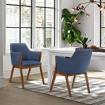 Armen Living Renzo Fabric Wood Dining Side Chairs-Set of 2, 18" SH, Blue/Walnut