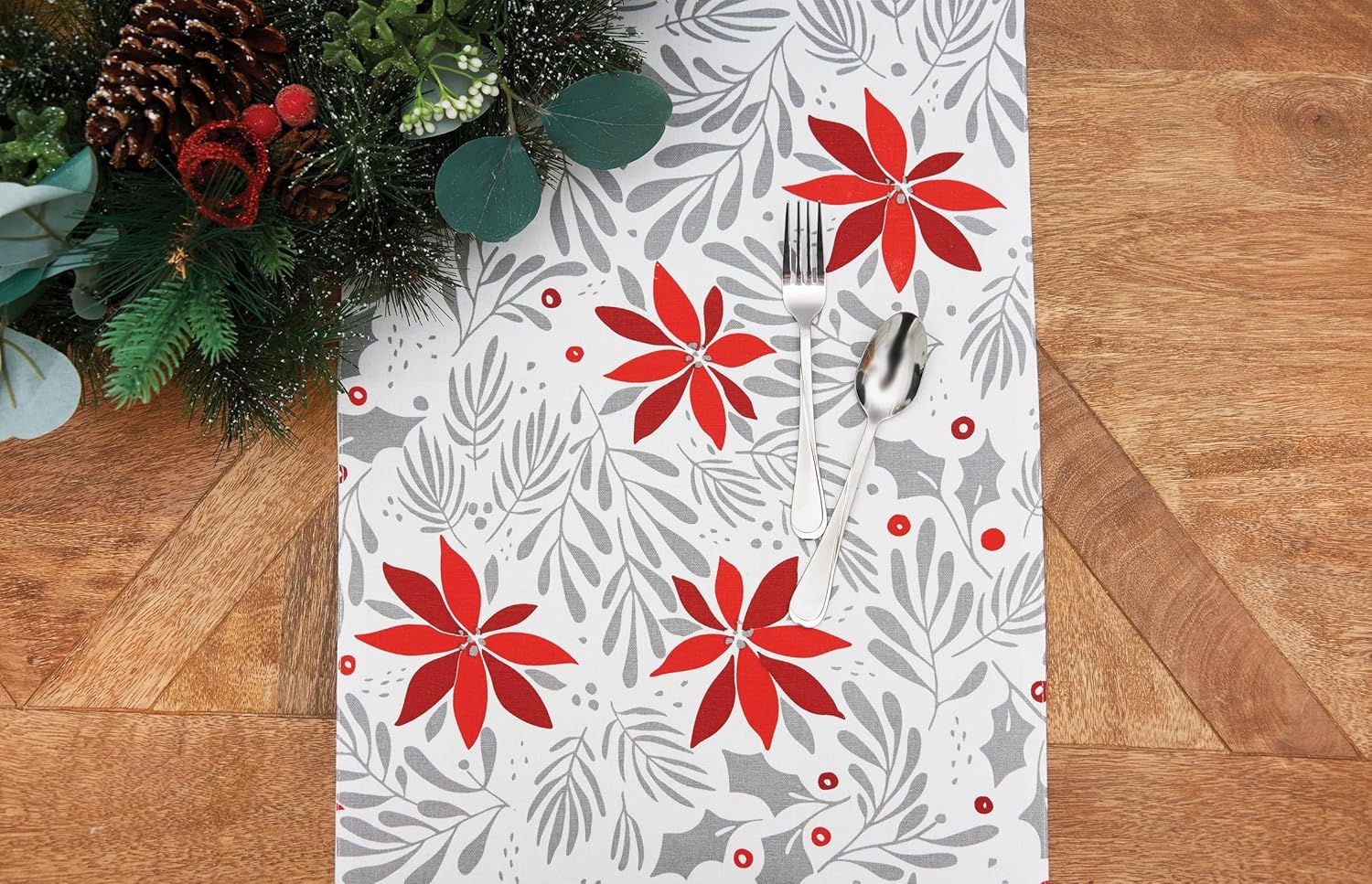 C&F Home Poinsettia Christmas Printed Rectangle Table Runner 14" x 72" White Embroidered Edge Red Winter Christmas Holliday 14" x 72" White