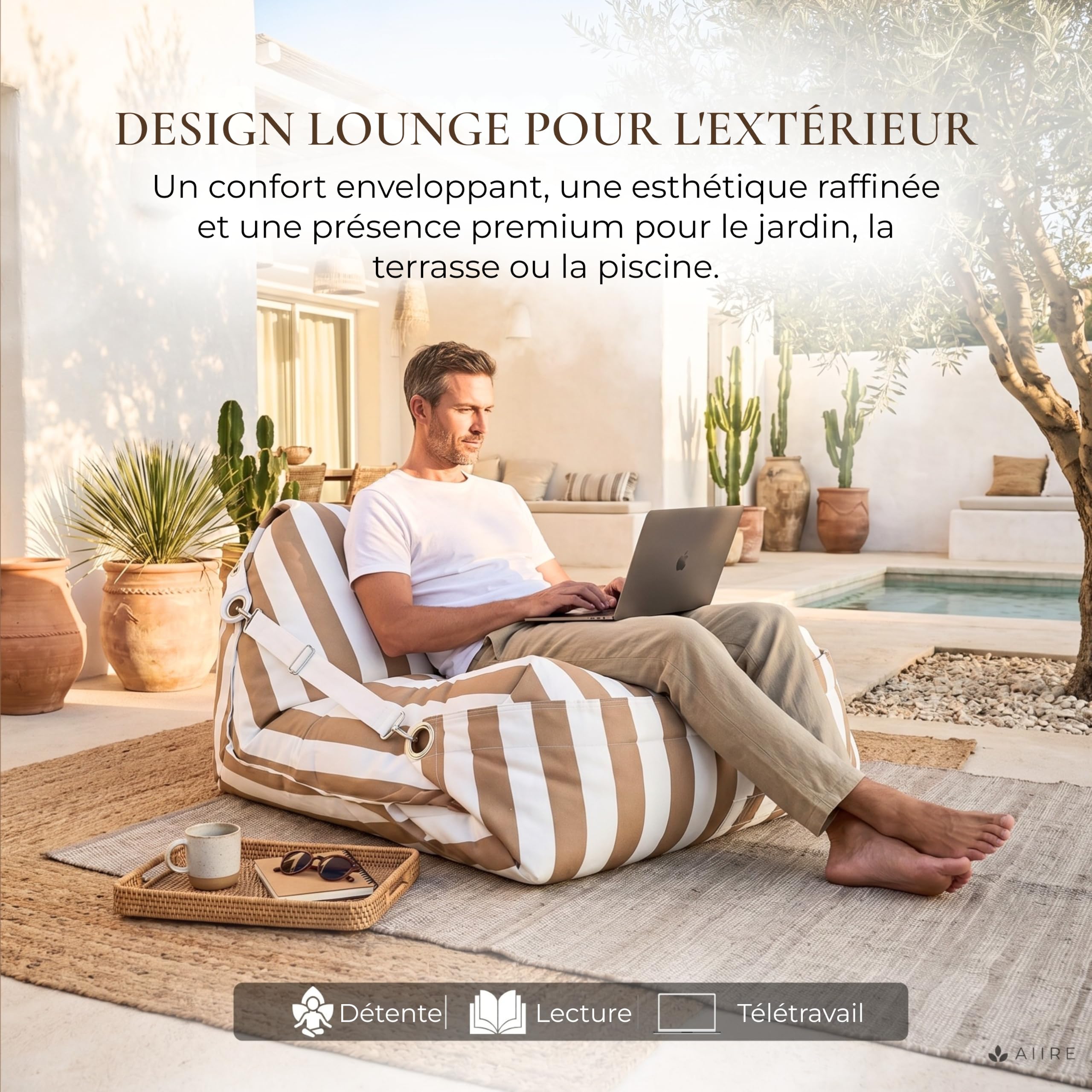 Aiire Fauteuil Pouf Extérieur de Luxe - [180x140] Moderne Pouffe Géant avec Rembourrage en Oléfine Premium - Adulte ou Ado - Gros Bean Bag Chair XXL pour Piscine, Jardin ou Terrasse Beige