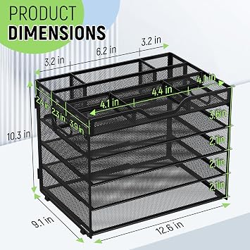 Docnest 5 Tier Mesh Desk Organizer with Removable Tray&Pen Holder, Black | Features 3 detachable pen holders and 4 removable dividers.Versatile mesh desktop storage for mail, document,office supplie
