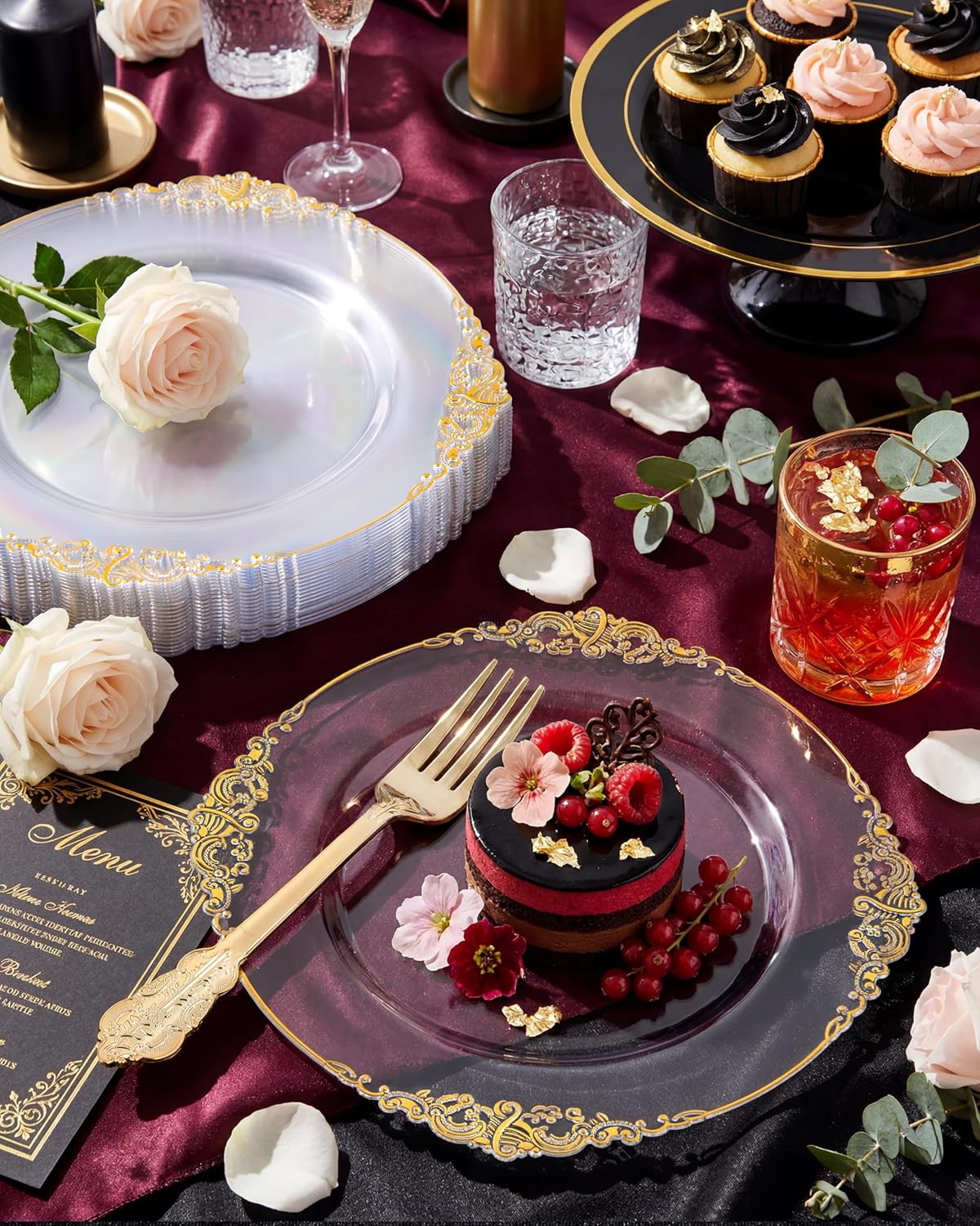 Morejoy 100pcs Gold Plastic Plates - Clear Gold Disposable Plates - 7.5 inch clear and gold dessert plates, Clear Plastic Plates with Gold Rim for Weddings & Parties & Shower