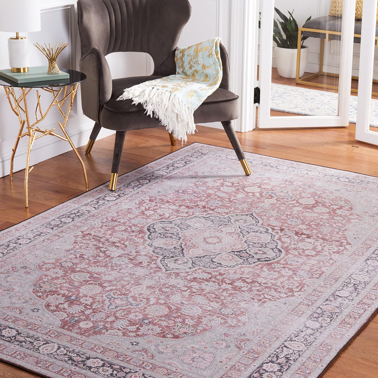 SAFAVIEH Washable Rug Tucson Collection - 2'6" x 8' Runner, Rust & Sage, Slip Resistant & Easy to Clean, Ideal for Hallway, Foyer, Entryway, Bedroom (TSN191P)