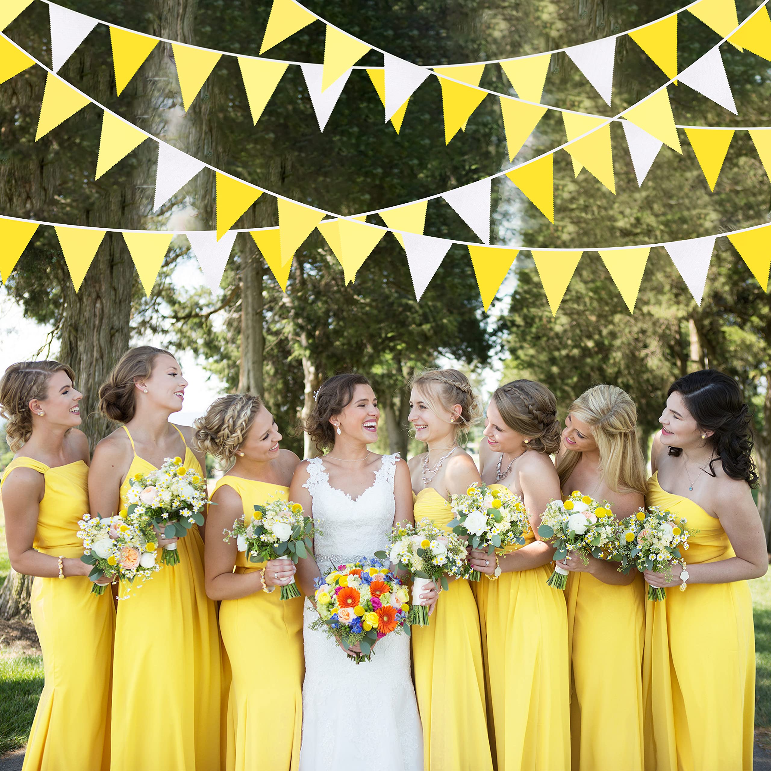 Banderín de tela de 32 pies, color amarillo y blanco, banderín para abejas, girasol, boda, cumpleaños, baby shower, aniversario, fiesta, hogar, guardería, jardín, decoración de festivales (36 piezas)