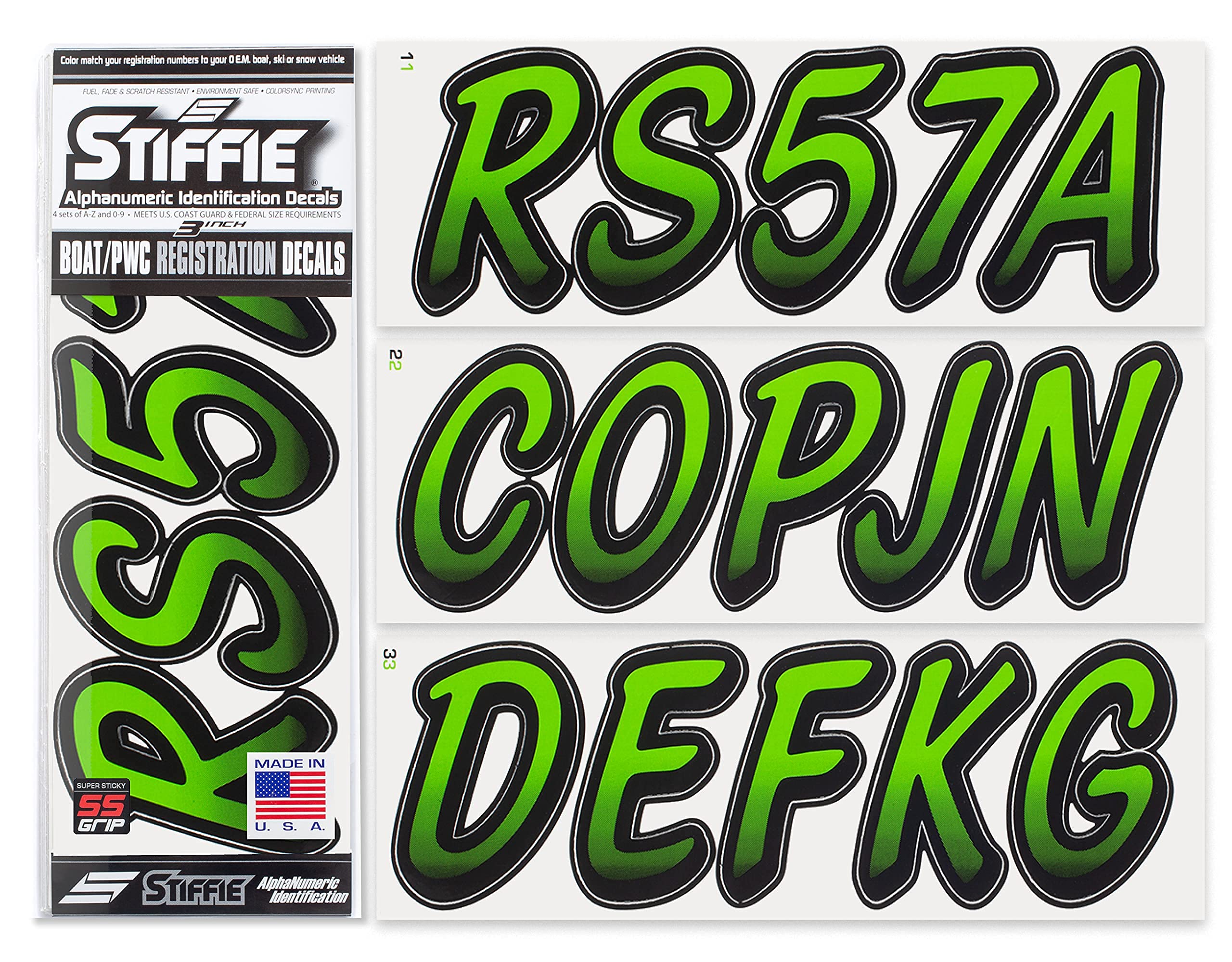 STIFFIE Whipline Team Green/Black 3" Super Sticky Boat &amp; PWC Registration Decals • Numbers Letters Stickers