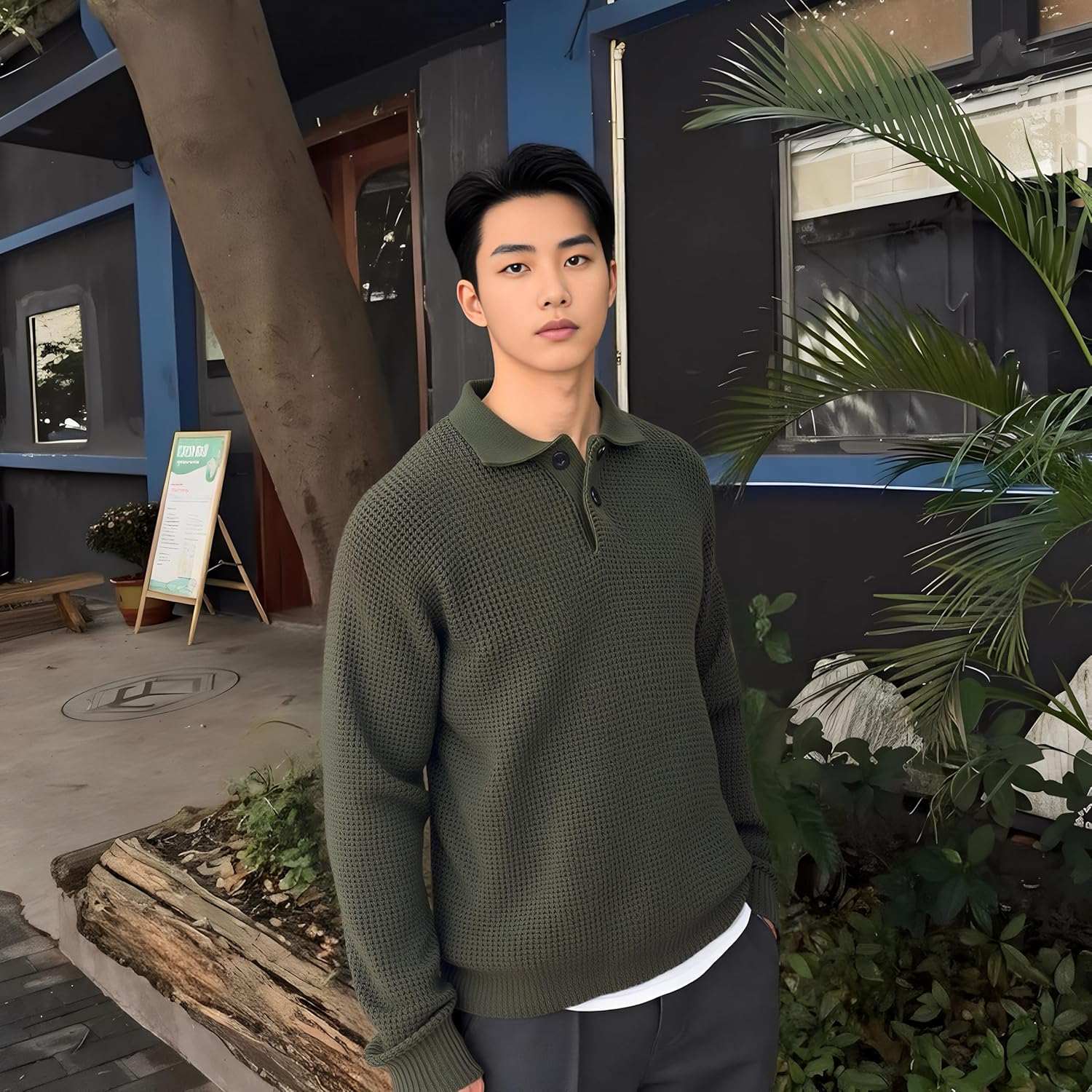 Mens Collar Pullovers Sweater Cable Knitted Winter Fashion Buttons Thermal Sweaters - Image 7