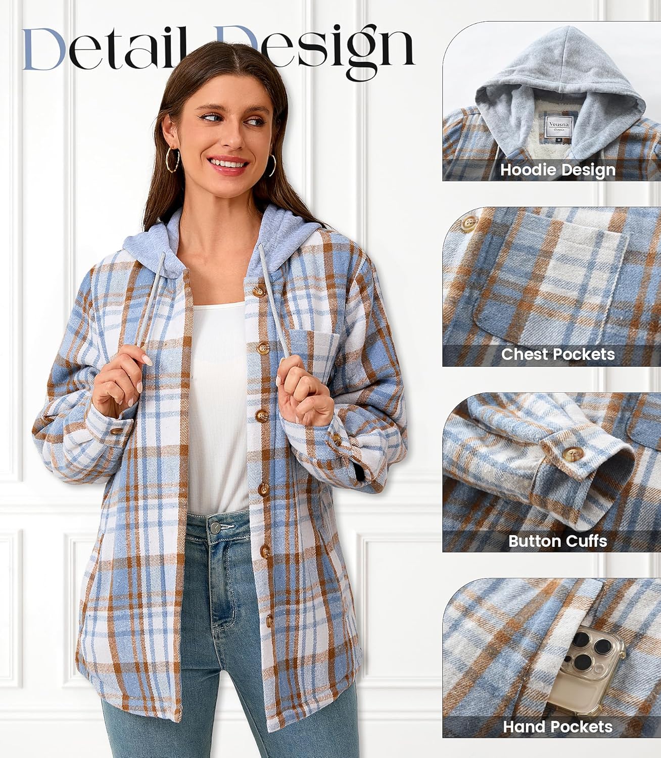 Women's Plaid Flannel Plaid Shacket Button Up Hooded Long Sleeve Fleece Jacket Winter Coat with Side Pockets - Image 6