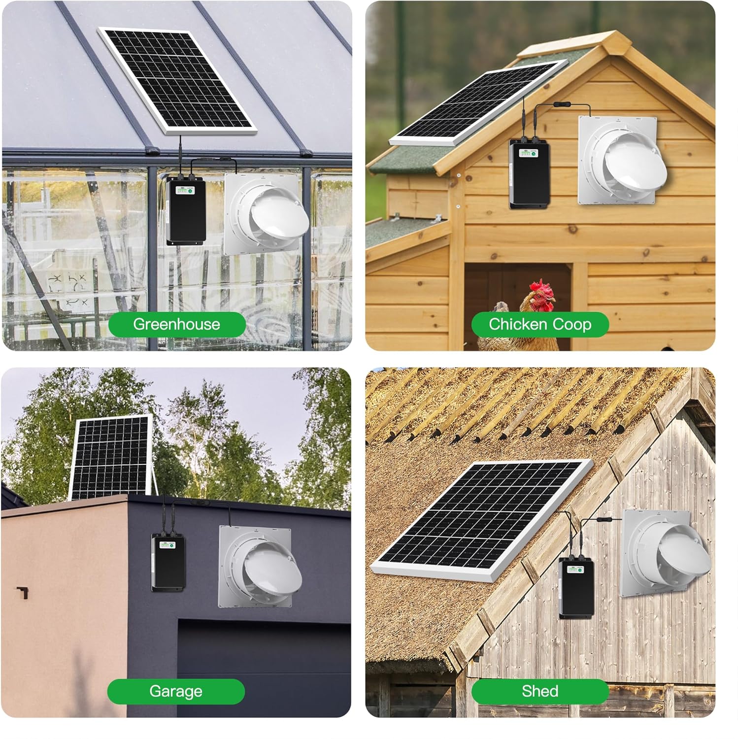 blessny Solar Powered Rechargeable Exhaust Fan, 25W Solar 8" Ventilation Vent Fan with 66.6 Wh Battery Backup for Outside Greenhouse, Chicken Coop, Shed, Pet House