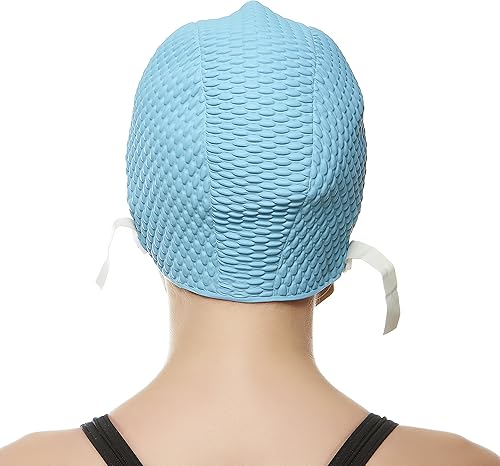 Miniatura 13 de BEEMO Gorro de natación para mujer, correa de barbilla, crepé, látex, largo, corto, gorras de natación Rosa encendido,Negro