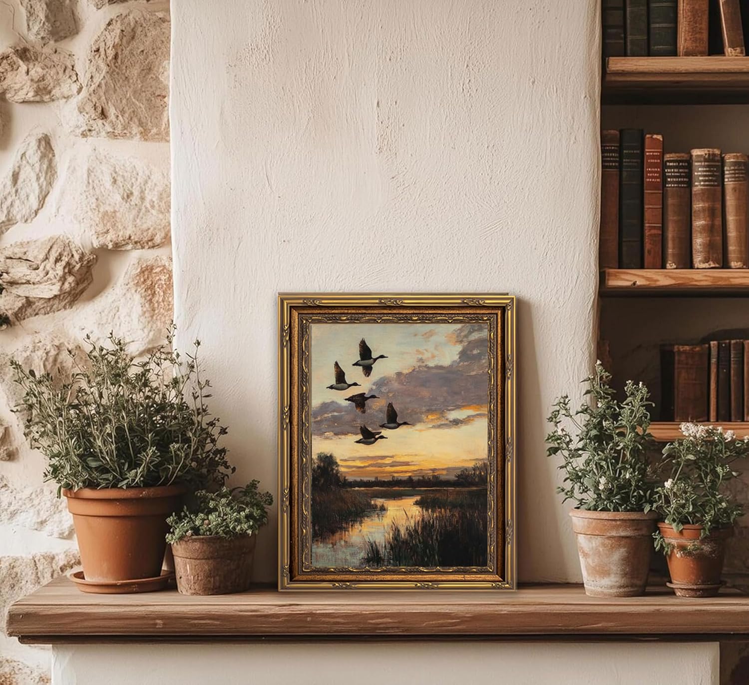 Vintage Gold Framed Wall Art Vintage Flying Duck Painting Prints Sunset Wetland Bird Posters Country Mallard Duck Wildlife Pictures Rustic Landscape Wall Decor For Living Room, Bedroom, Office
