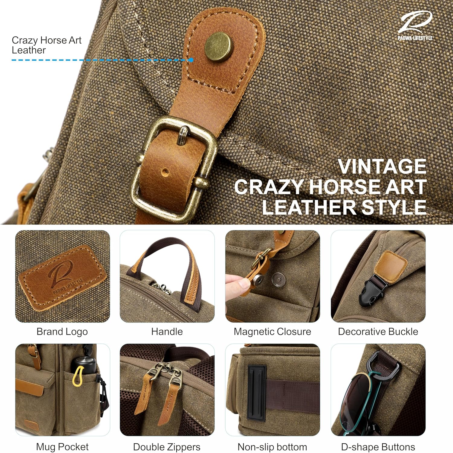 Padwa Lifestyle Khaki Camera Backpack - Professional DSLR & UAV Camera Bag,Anti Theft Canvas Camera Backpacks with Rain Cover,Large Capacity Photography Travel Camera Bag with Multi Compartments - Image 7